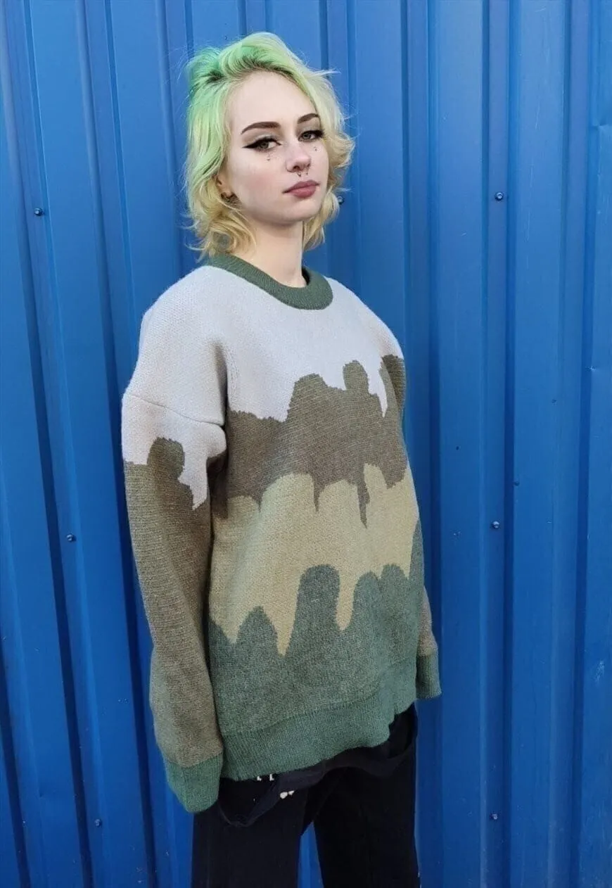 Abstract print sweater earth knitted camo jumper green