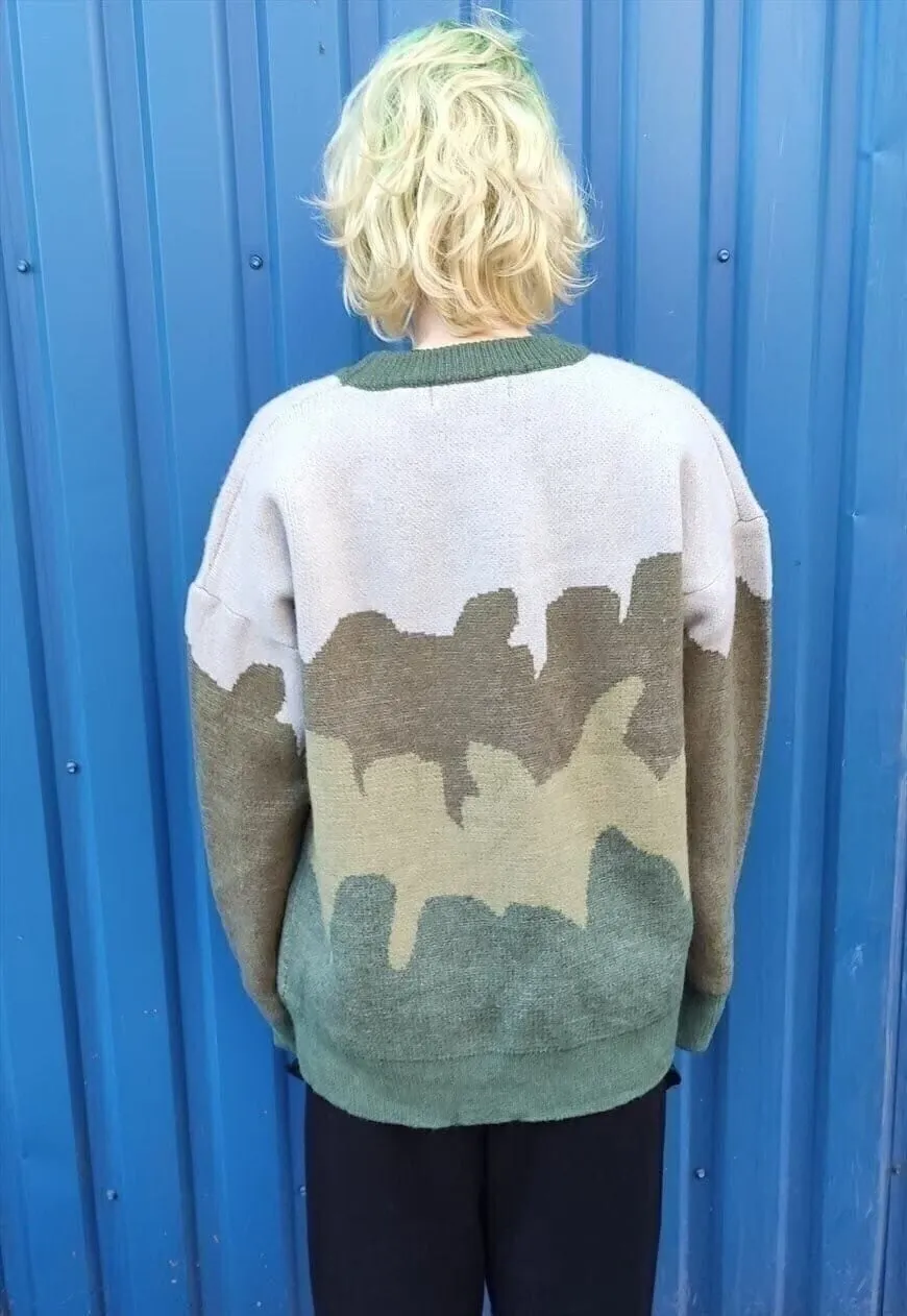 Abstract print sweater earth knitted camo jumper green