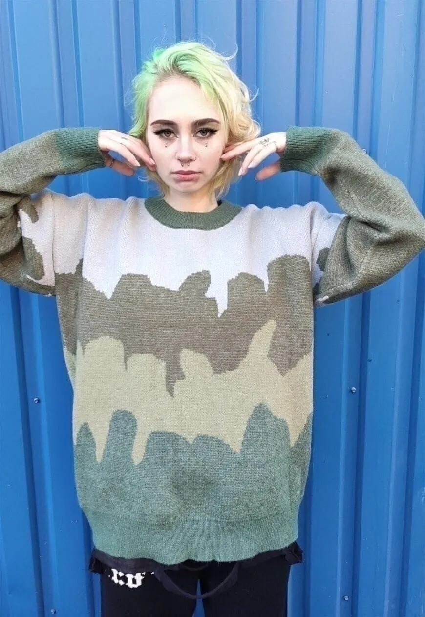 Abstract print sweater earth knitted camo jumper green