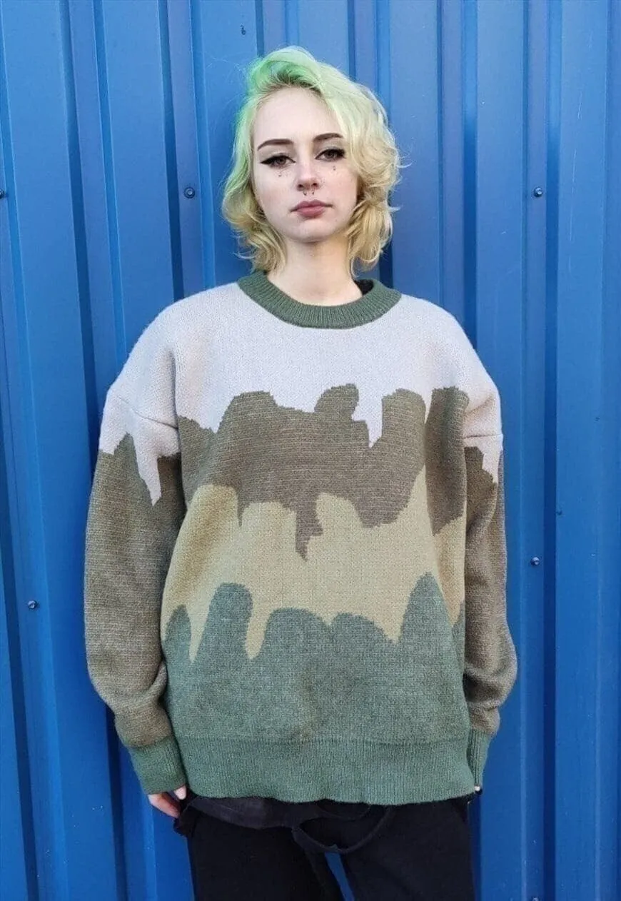 Abstract print sweater earth knitted camo jumper green