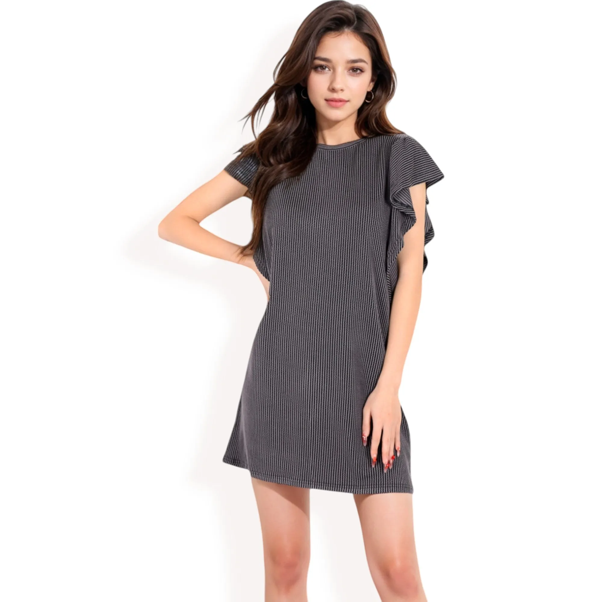 Anna-Kaci Women's Ruffle Sleeve Textured Knit Mini Shift Dress