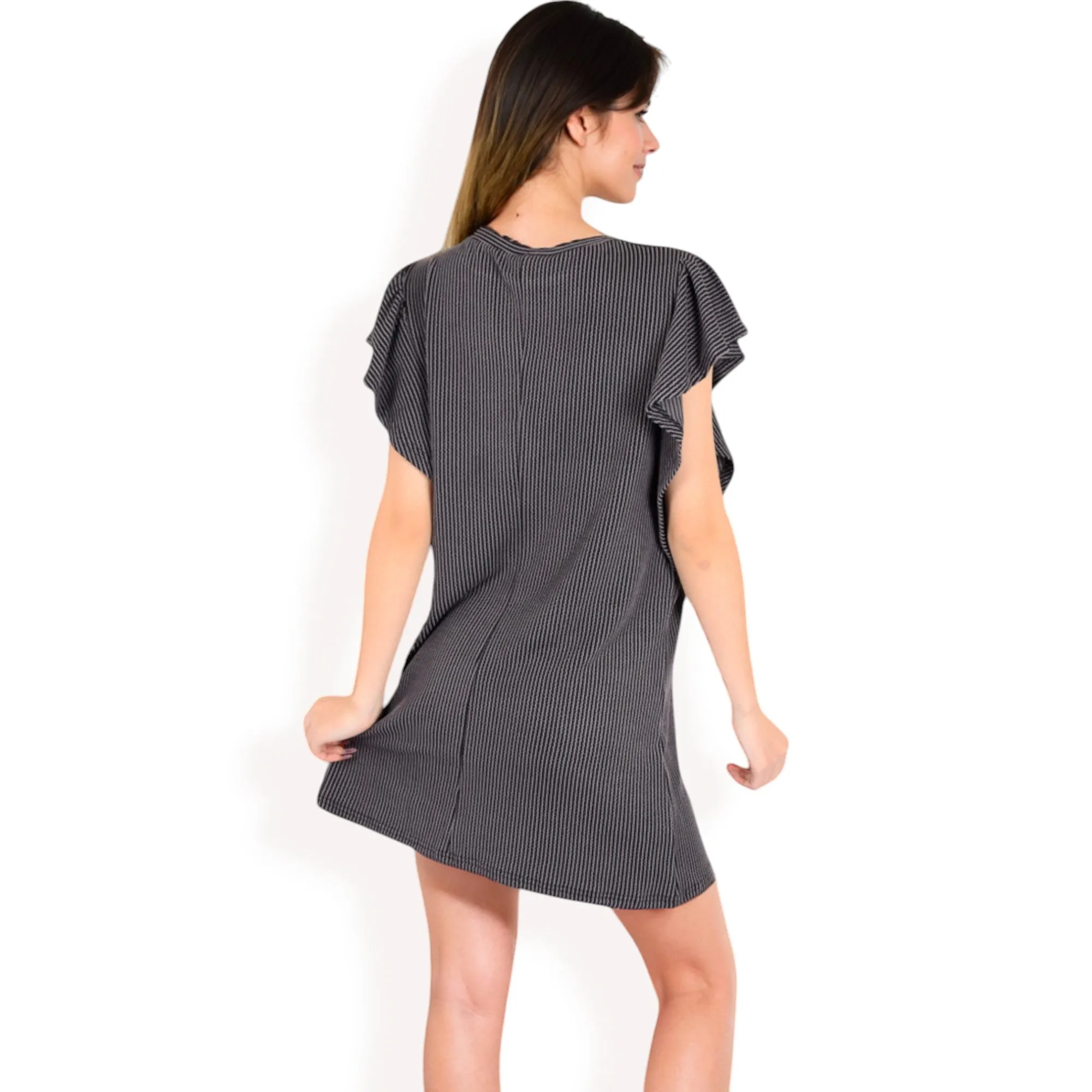 Anna-Kaci Women's Ruffle Sleeve Textured Knit Mini Shift Dress