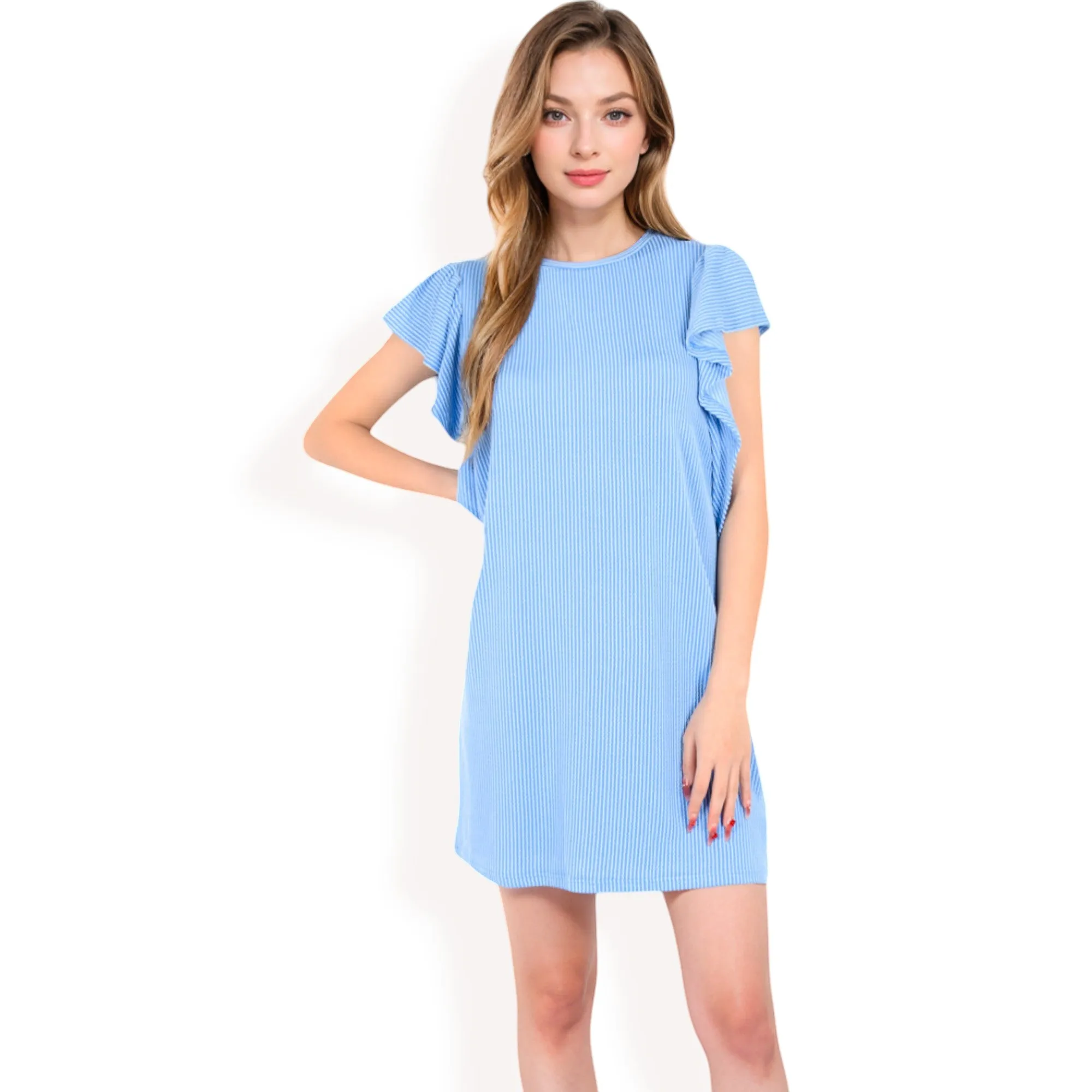 Anna-Kaci Women's Ruffle Sleeve Textured Knit Mini Shift Dress