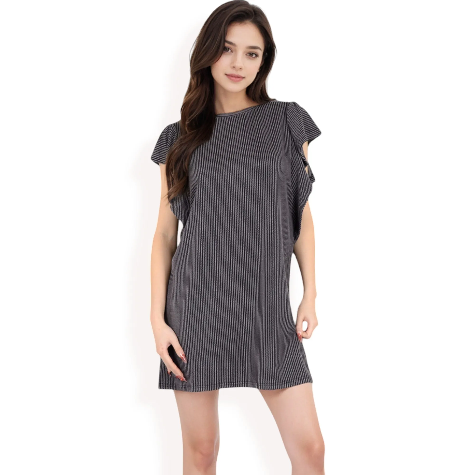 Anna-Kaci Women's Ruffle Sleeve Textured Knit Mini Shift Dress