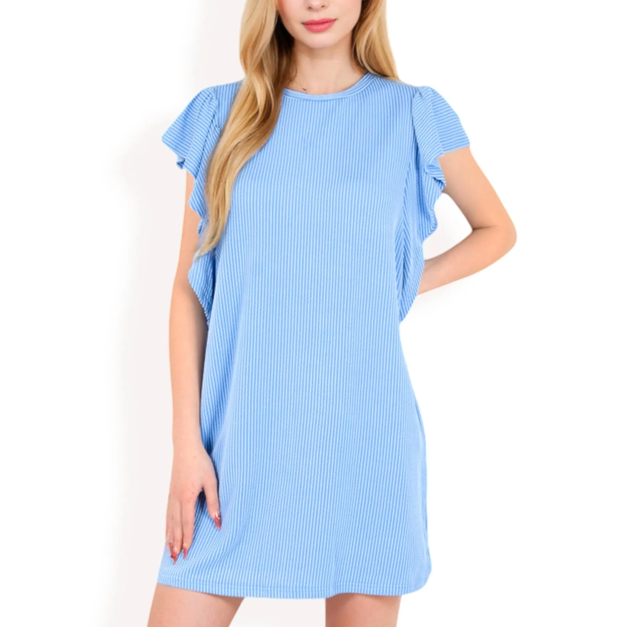 Anna-Kaci Women's Ruffle Sleeve Textured Knit Mini Shift Dress