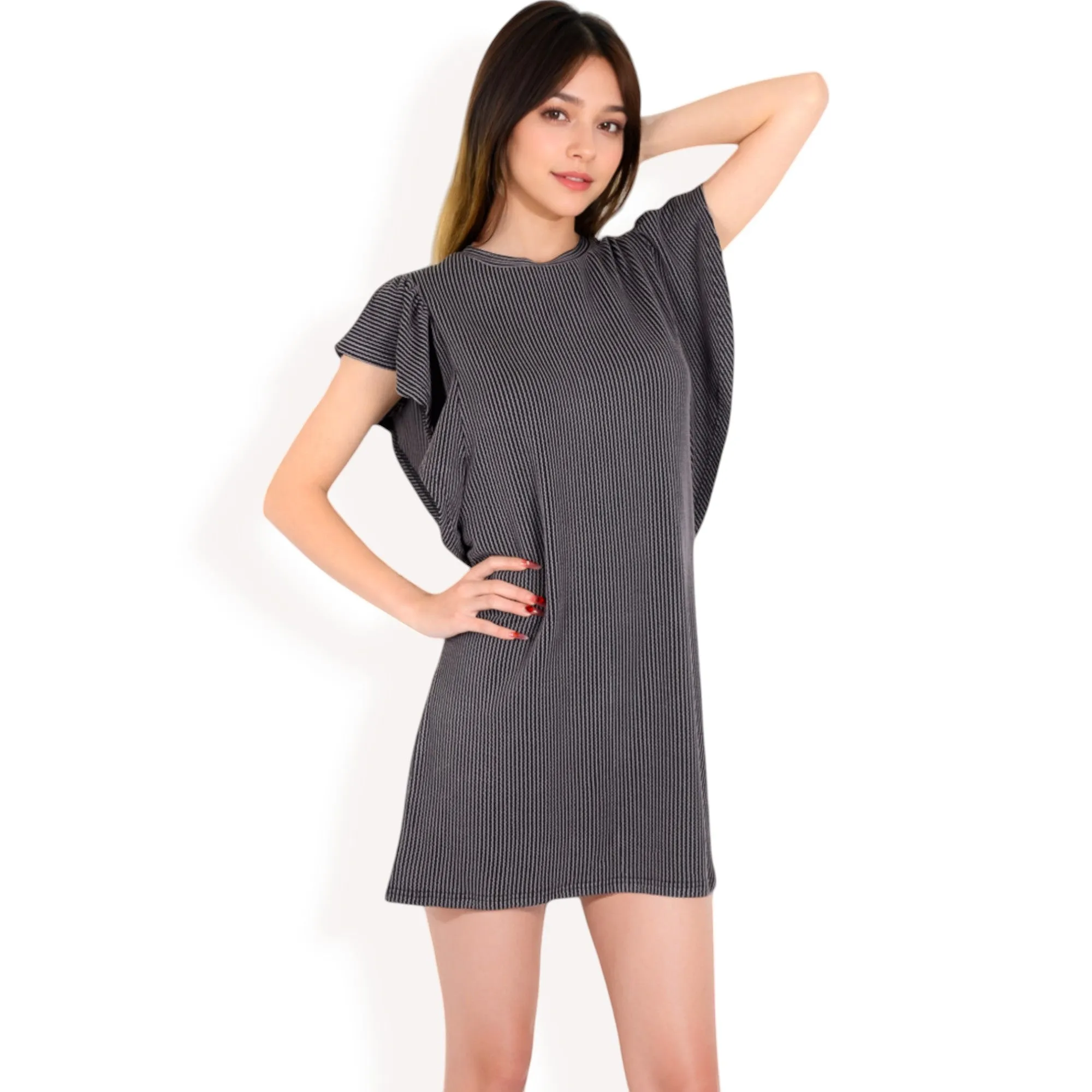 Anna-Kaci Women's Ruffle Sleeve Textured Knit Mini Shift Dress