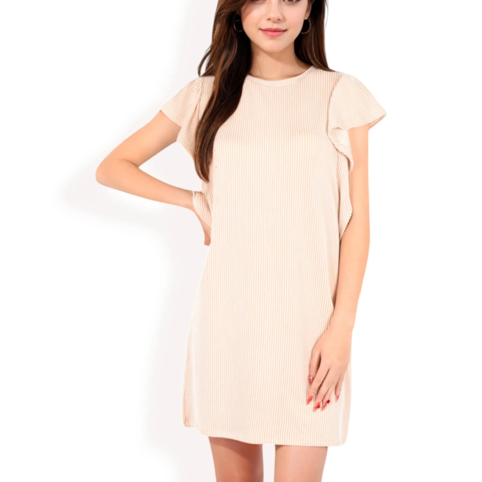 Anna-Kaci Women's Ruffle Sleeve Textured Knit Mini Shift Dress