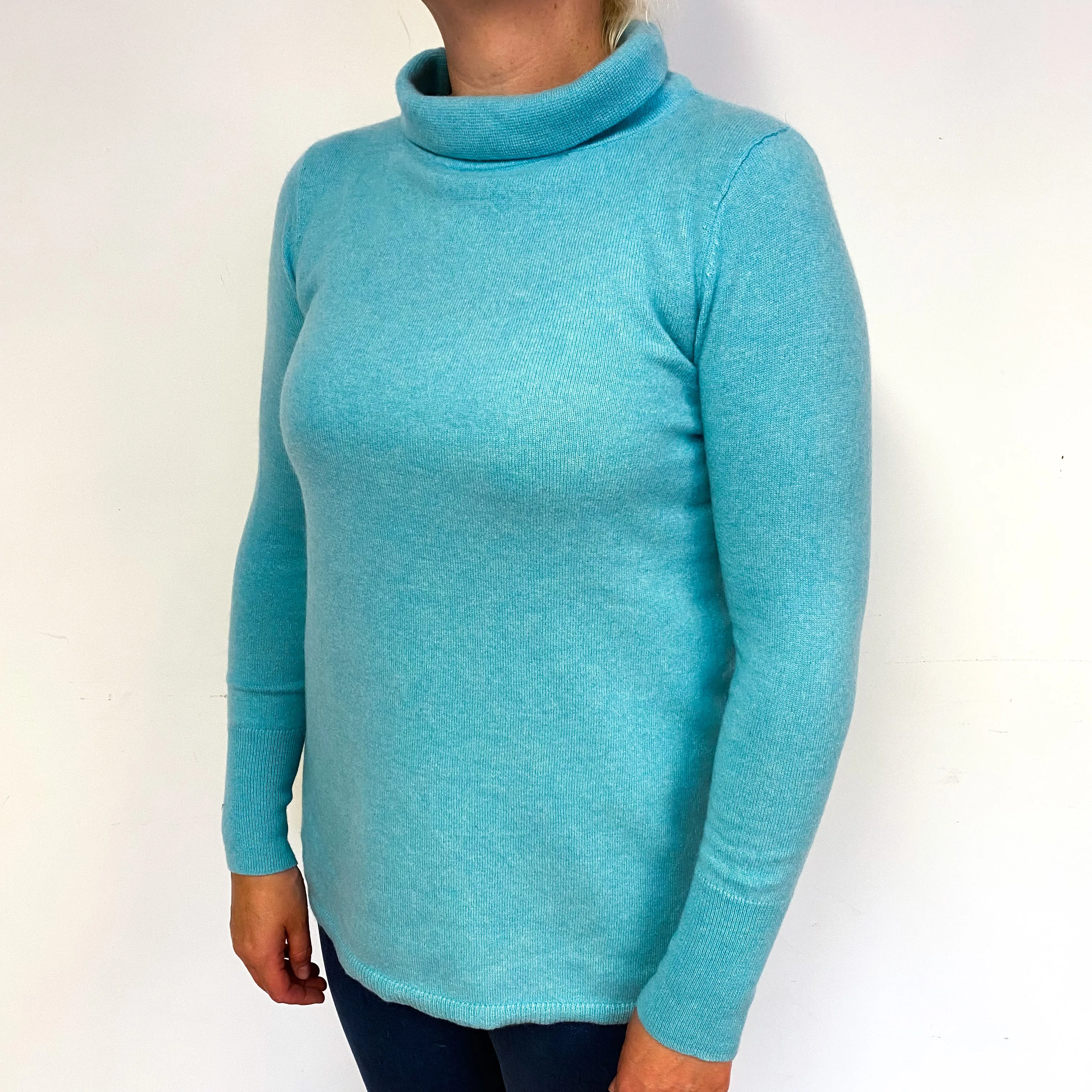 Aqua Green Cashmere Funnel Neck Jumper Large