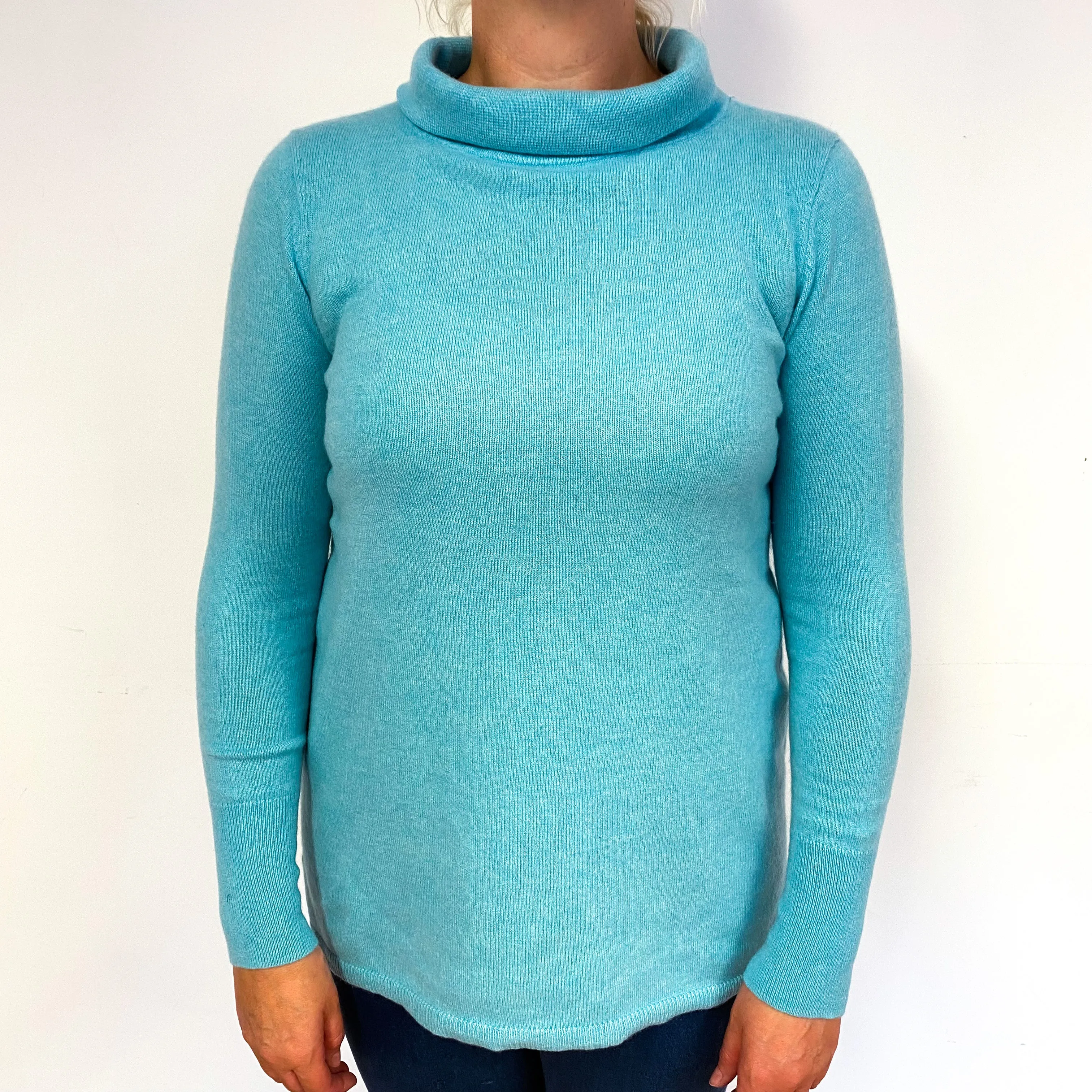 Aqua Green Cashmere Funnel Neck Jumper Large