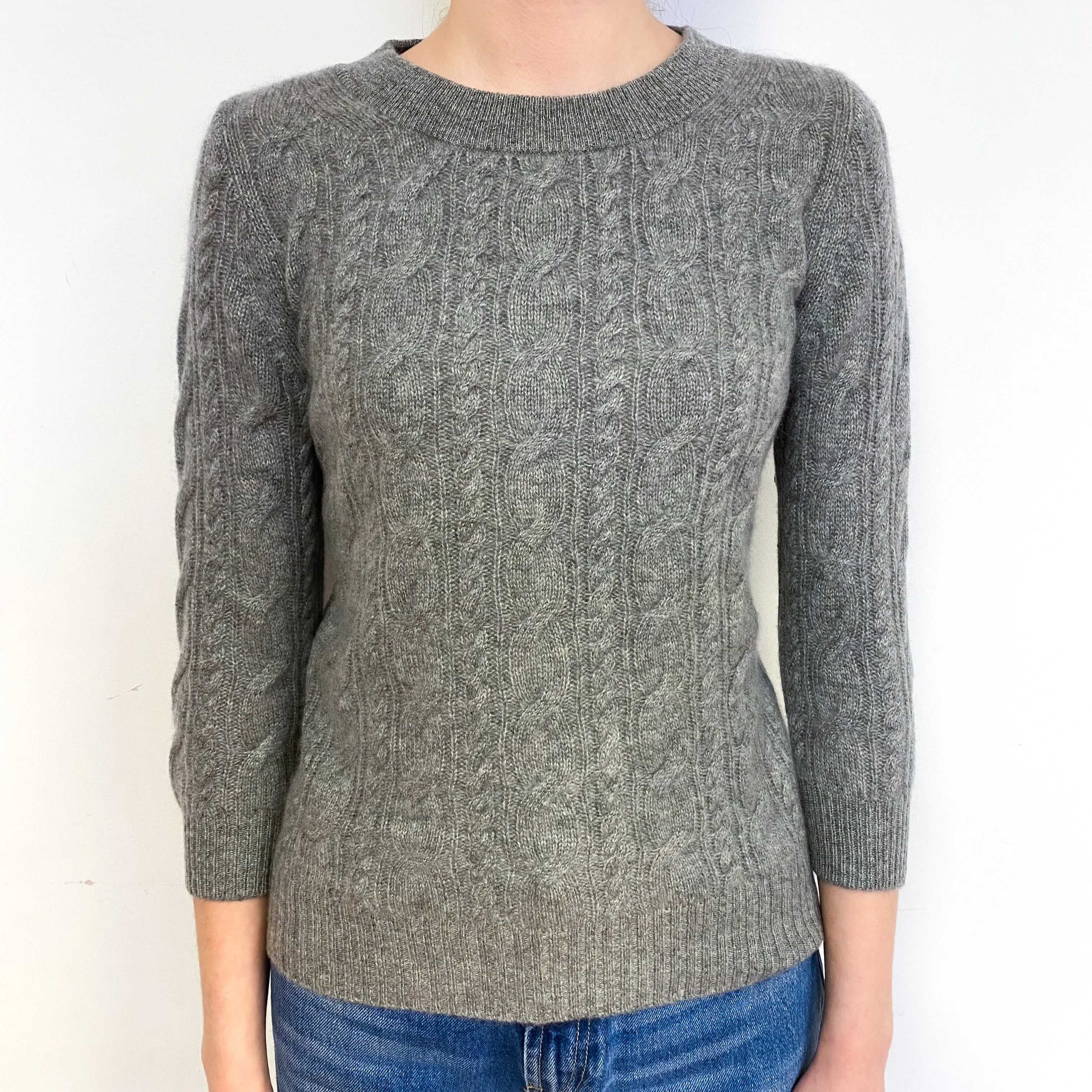 Ash Grey Cable Cashmere Crew Neck Jumper Extra Small