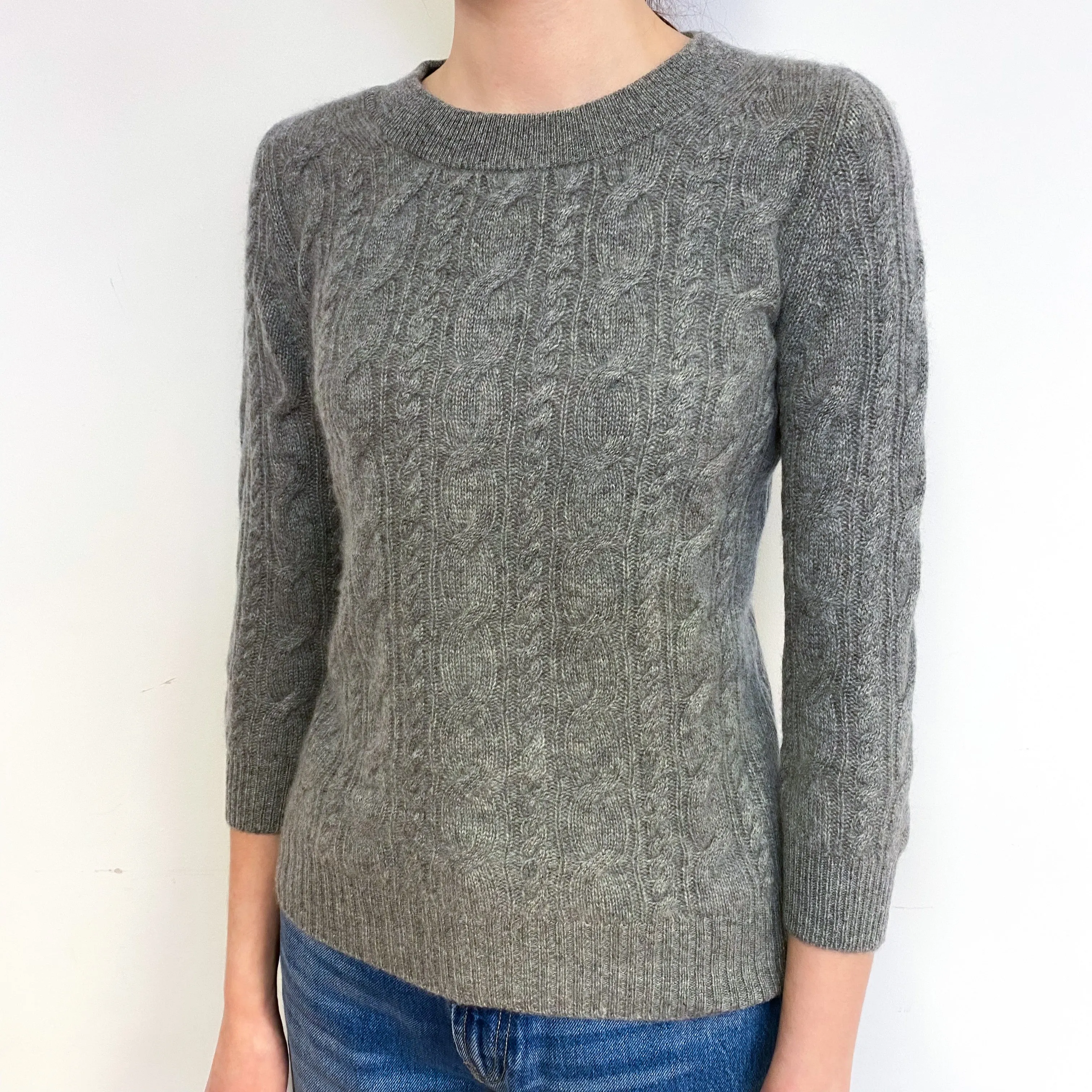 Ash Grey Cable Cashmere Crew Neck Jumper Extra Small