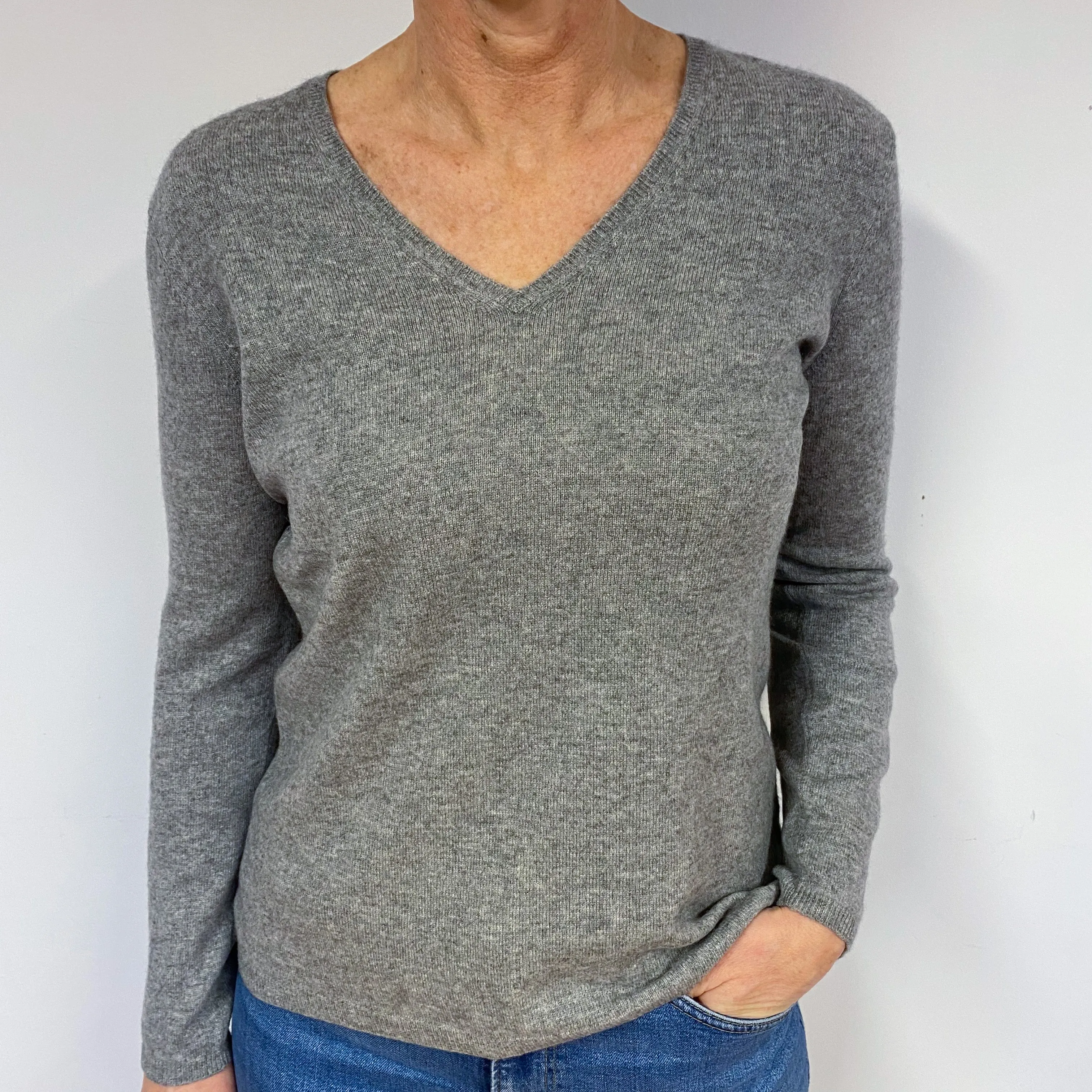 Ash Grey Cashmere V-Neck Jumper Medium