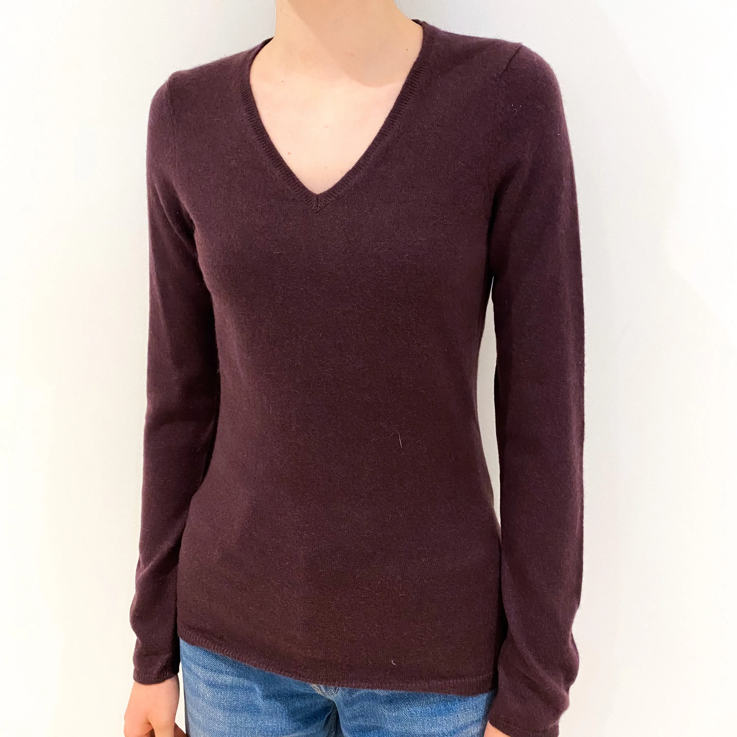 Aubergine Purple Cashmere V-Neck Jumper Extra Small