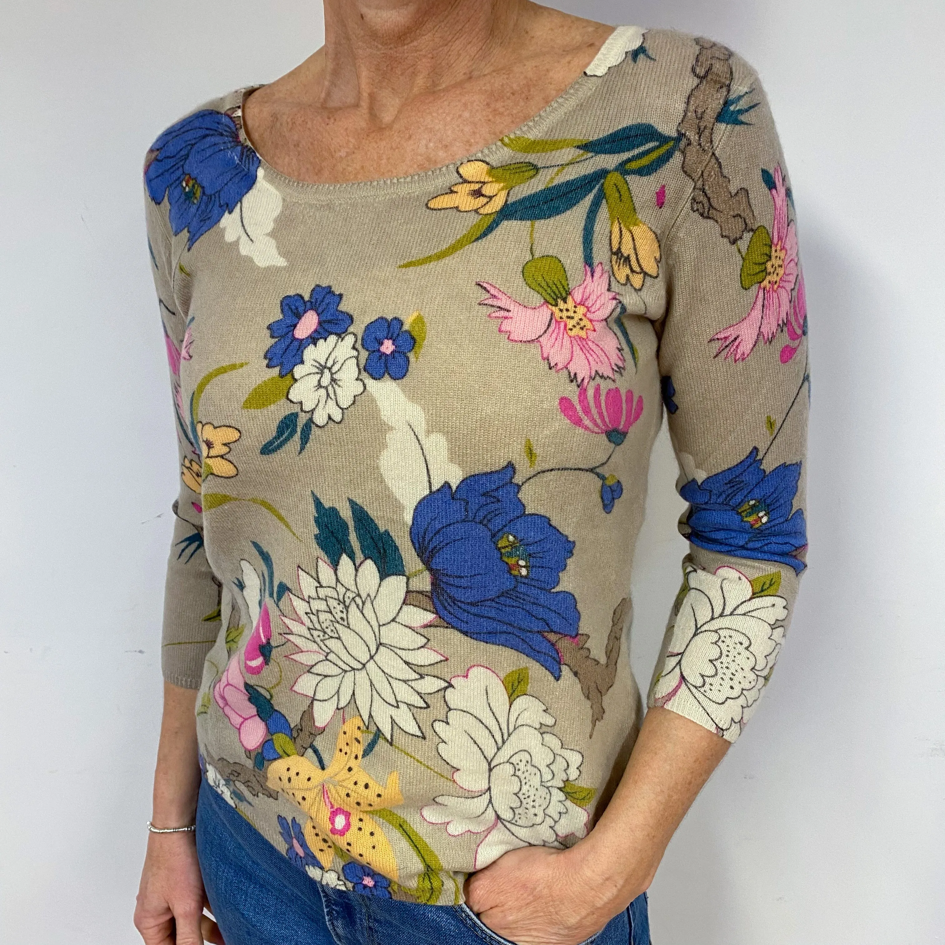 Beige Floral Cashmere Scoop Neck Jumper Medium