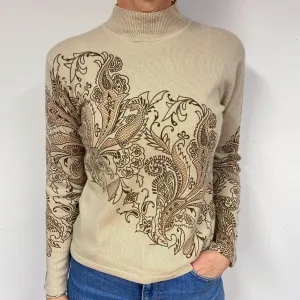Beige Paisley Cashmere Turtle Neck Jumper Medium