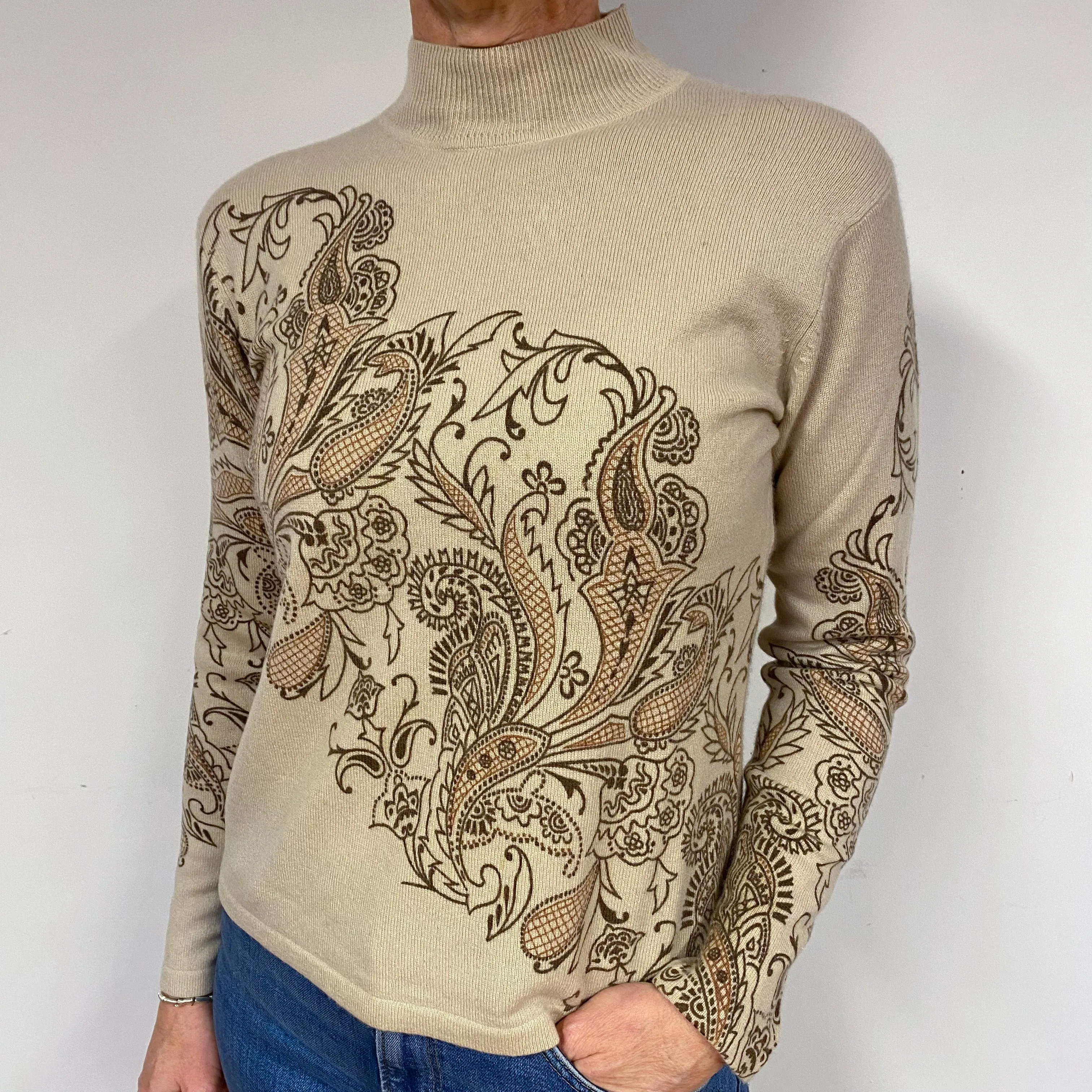Beige Paisley Cashmere Turtle Neck Jumper Medium