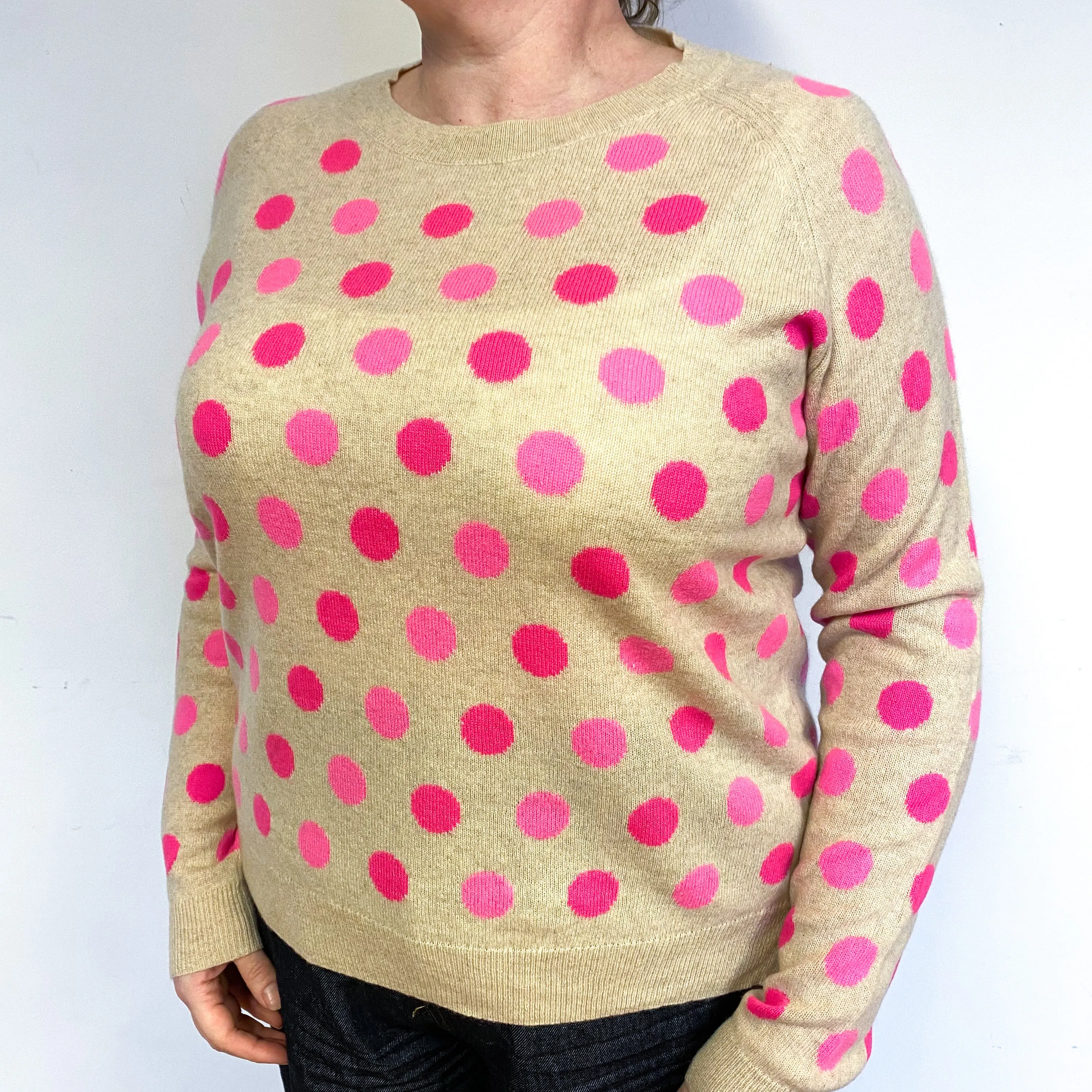 Beige Pink Polka Dot Cashmere Crew Neck Jumper Large
