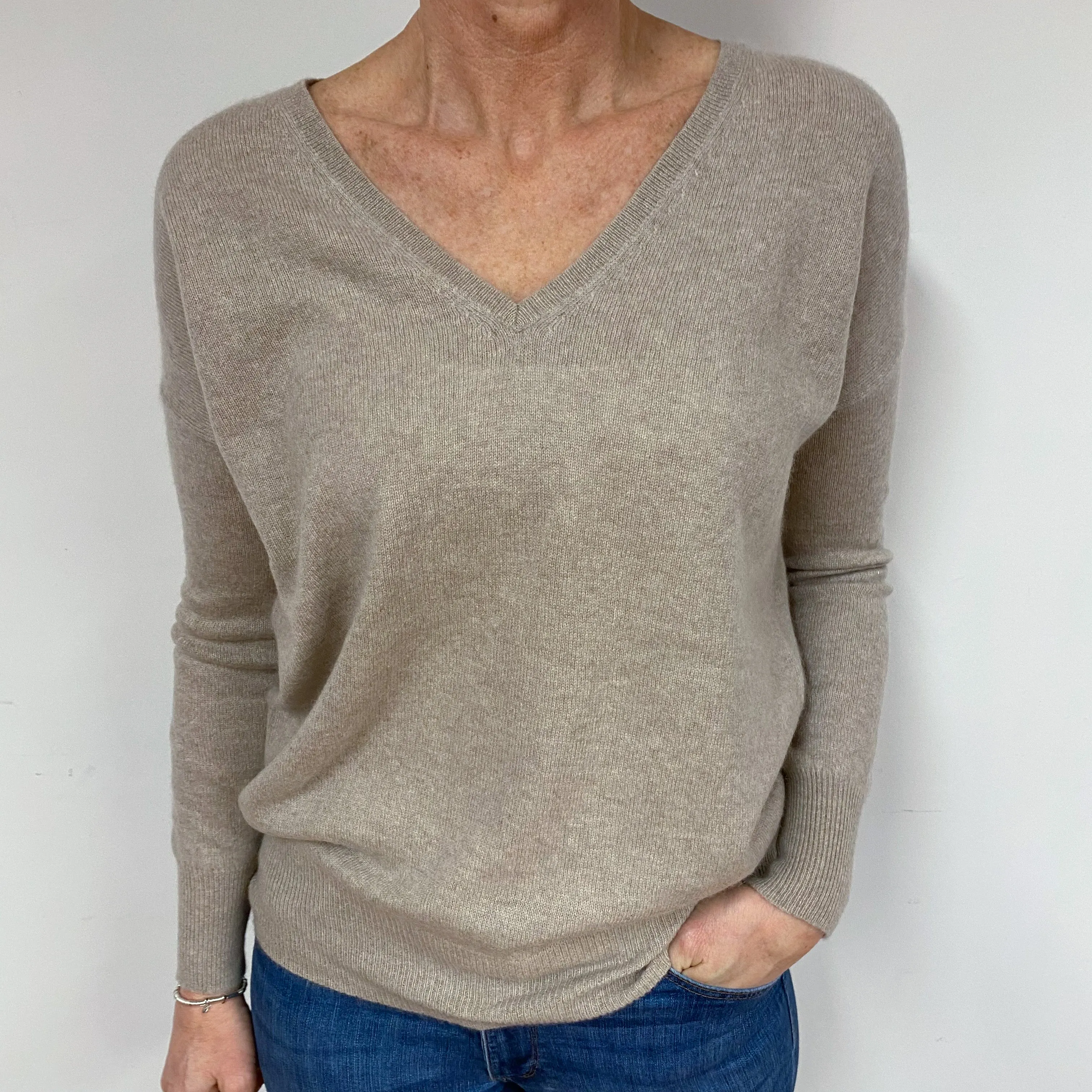 Biscuit Beige Cashmere V-Neck Jumper Medium