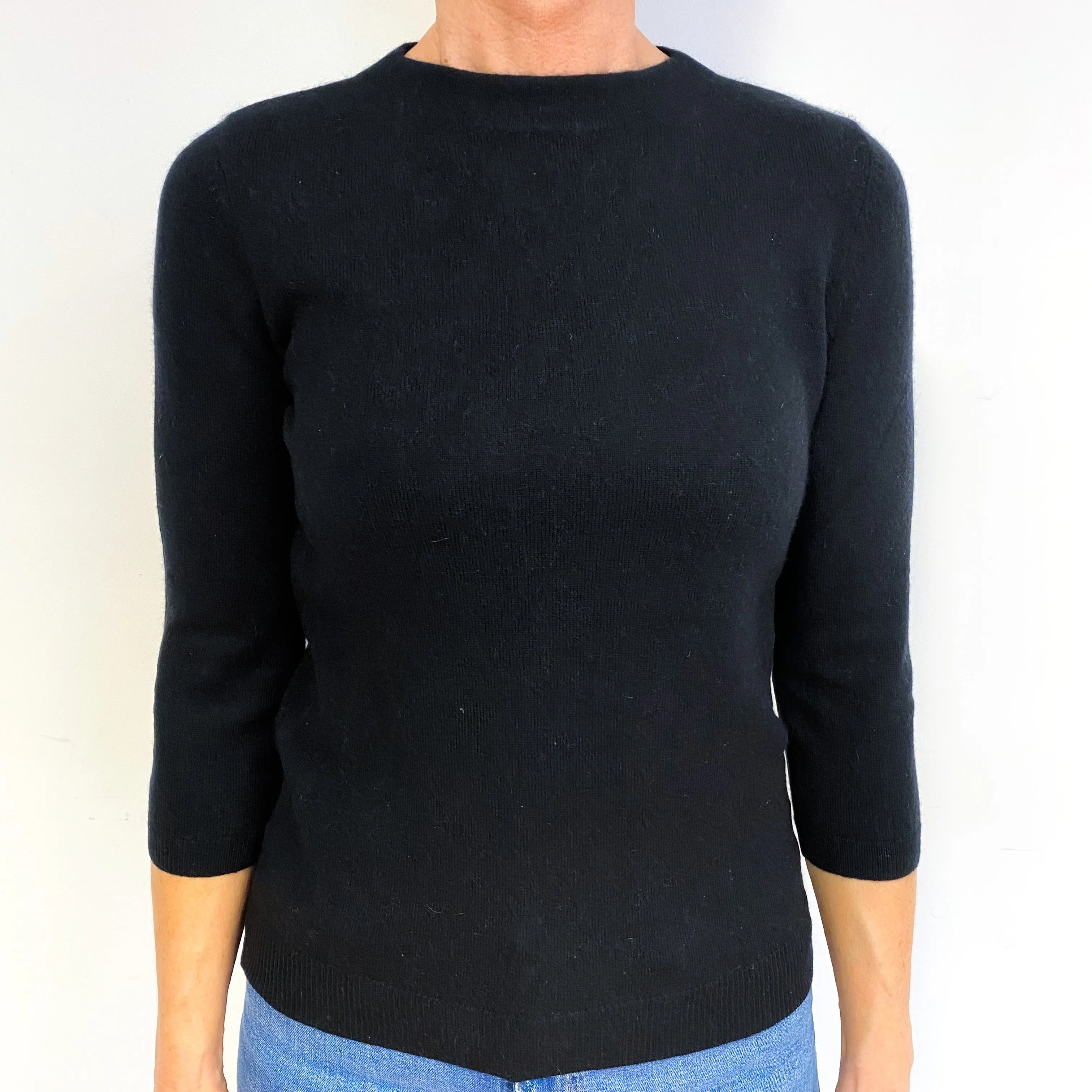 Black 3/4 Sleeve Cashmere High Crew Neck Jumper Medium