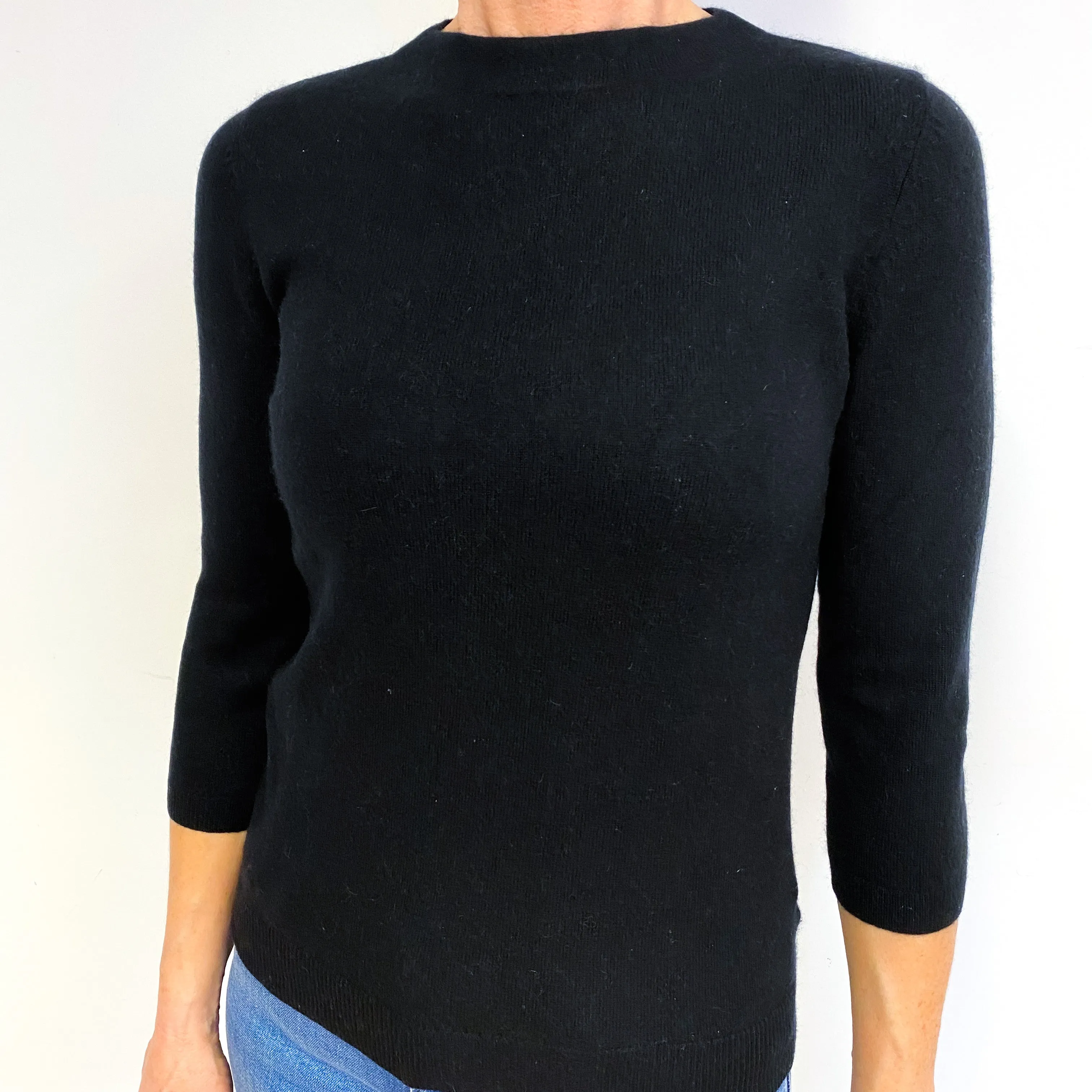 Black 3/4 Sleeve Cashmere High Crew Neck Jumper Medium