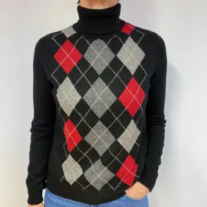Black Argyle Cashmere Polo Neck Jumper Medium