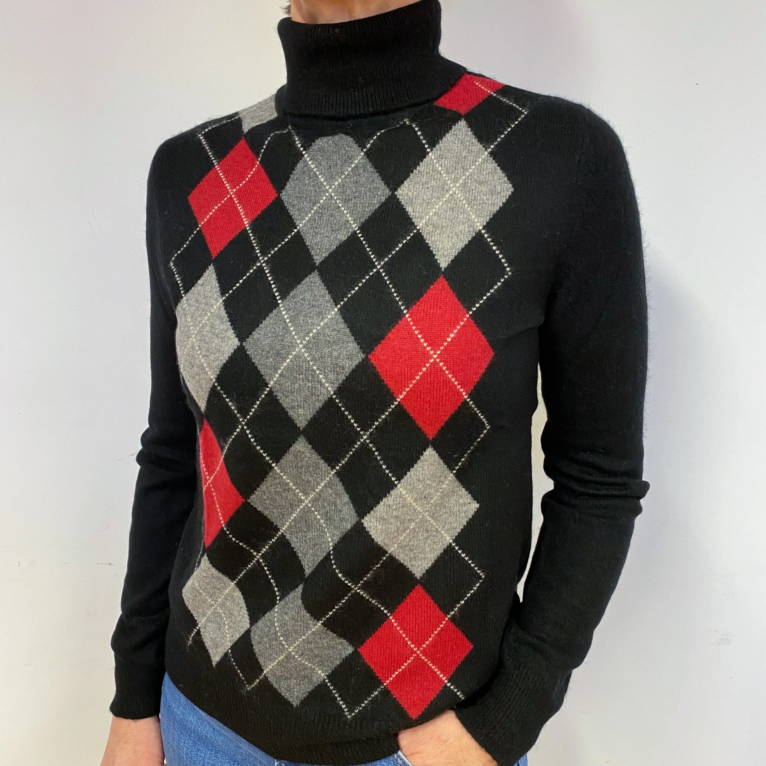 Black Argyle Cashmere Polo Neck Jumper Medium