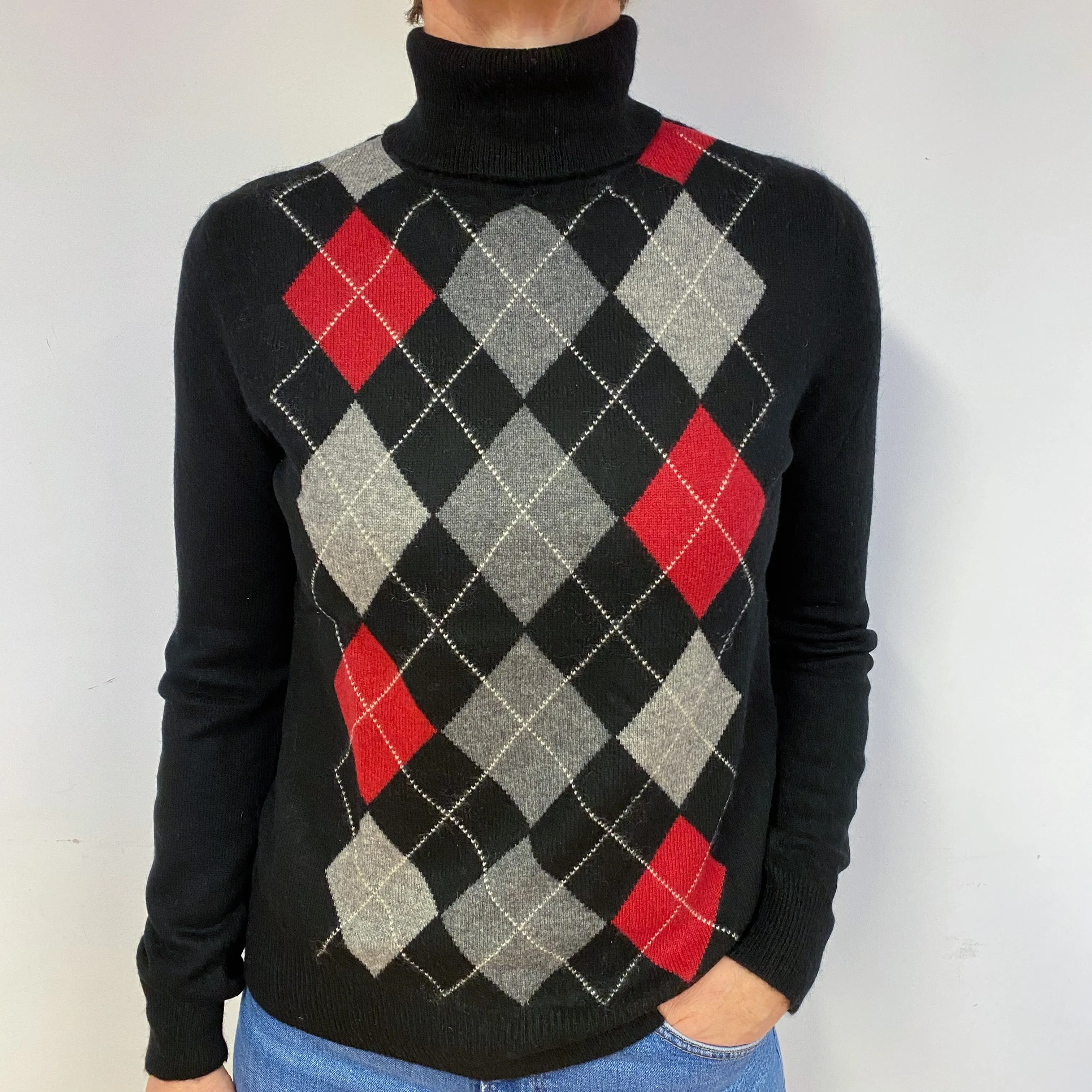 Black Argyle Cashmere Polo Neck Jumper Medium