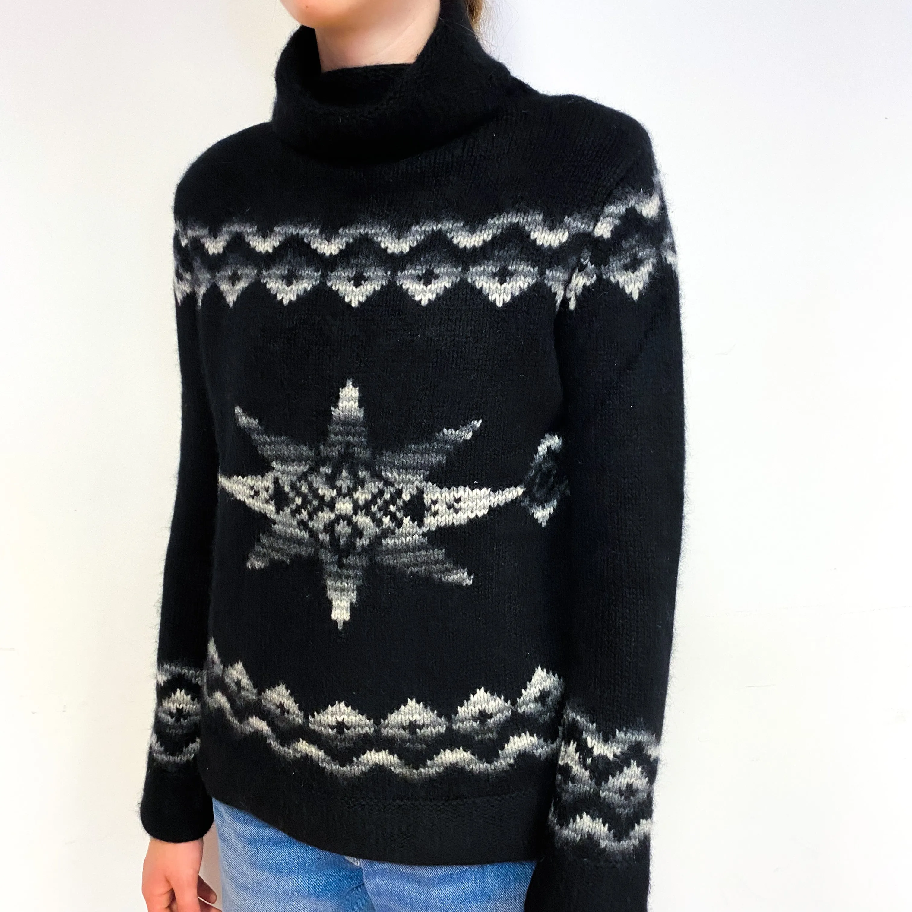 Black Aztec Chunky Cashmere Polo Neck Jumper Extra Small