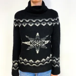 Black Aztec Chunky Cashmere Polo Neck Jumper Extra Small