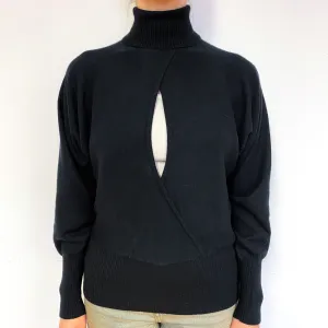 Black Batwing Open Front Cashmere Polo Neck Jumper Small
