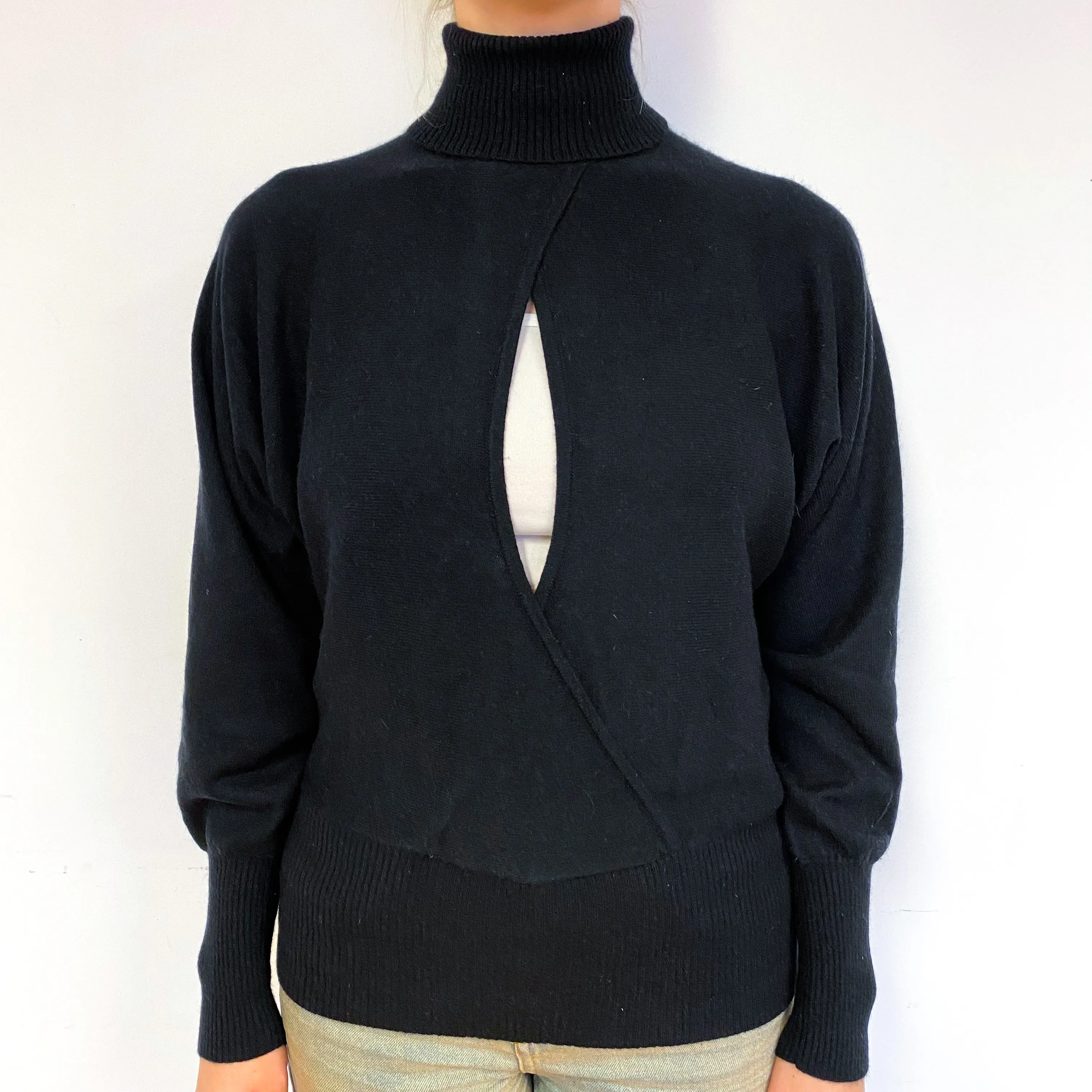 Black Batwing Open Front Cashmere Polo Neck Jumper Small