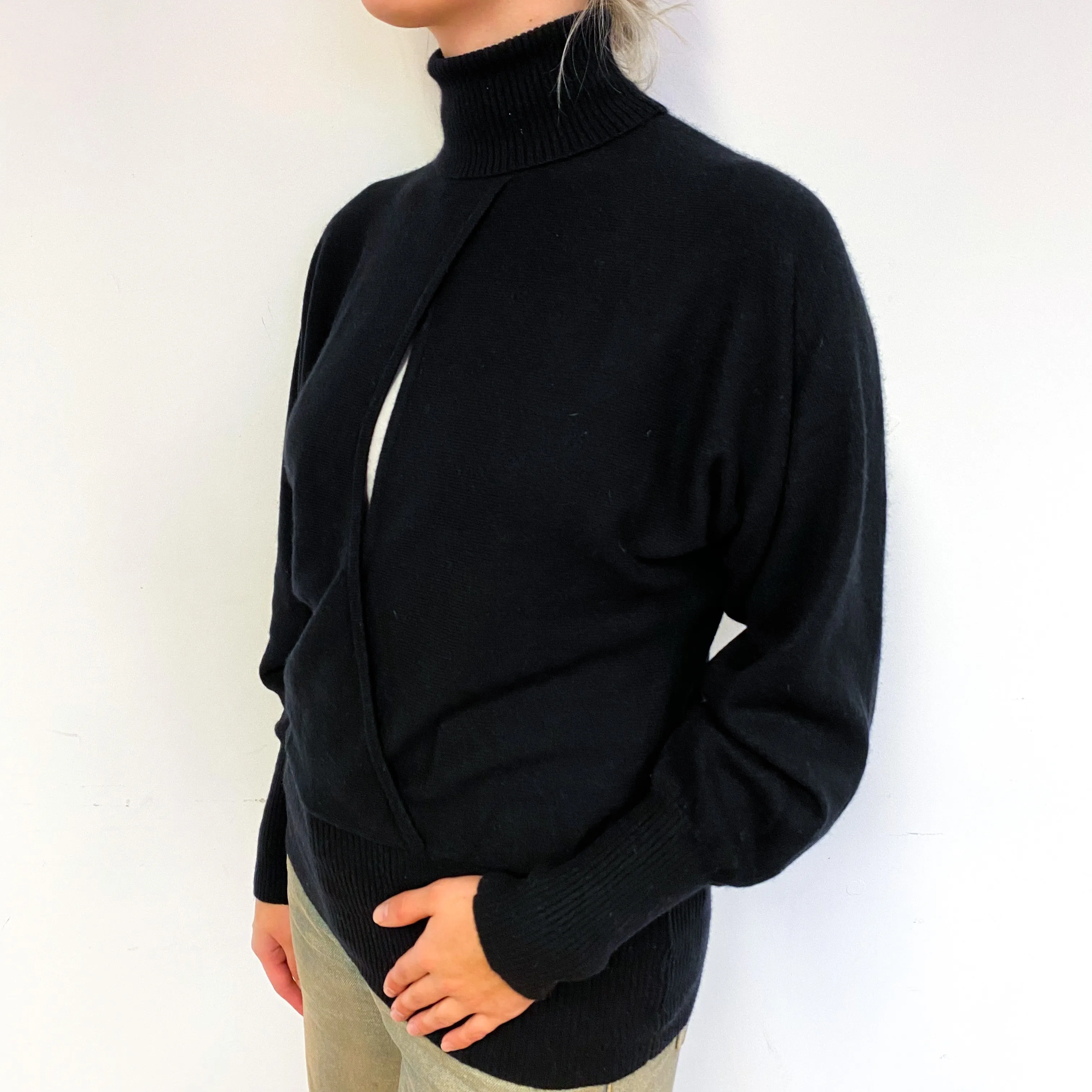 Black Batwing Open Front Cashmere Polo Neck Jumper Small