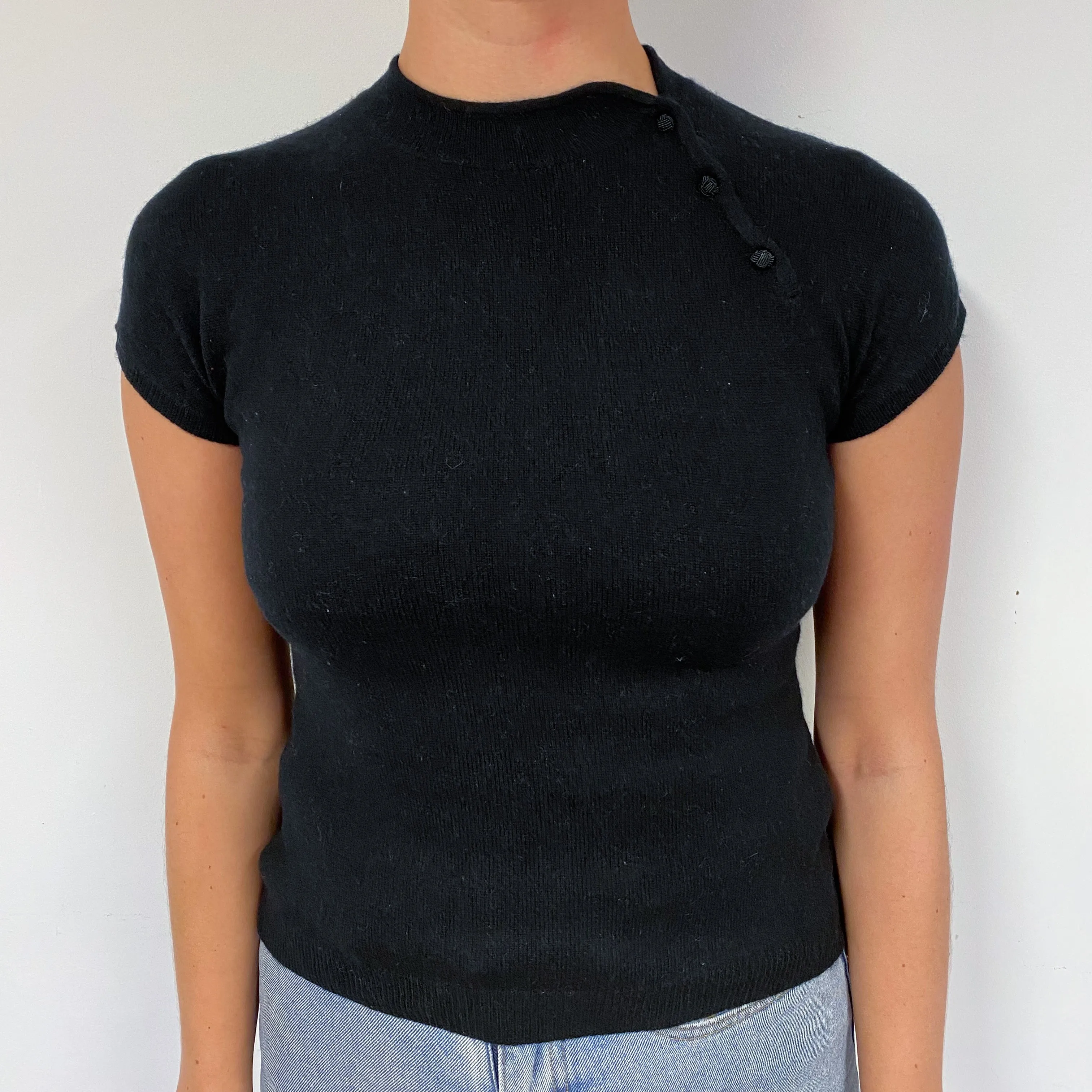 Black Buttoned Cashmere Short Sleeved Jumper Small