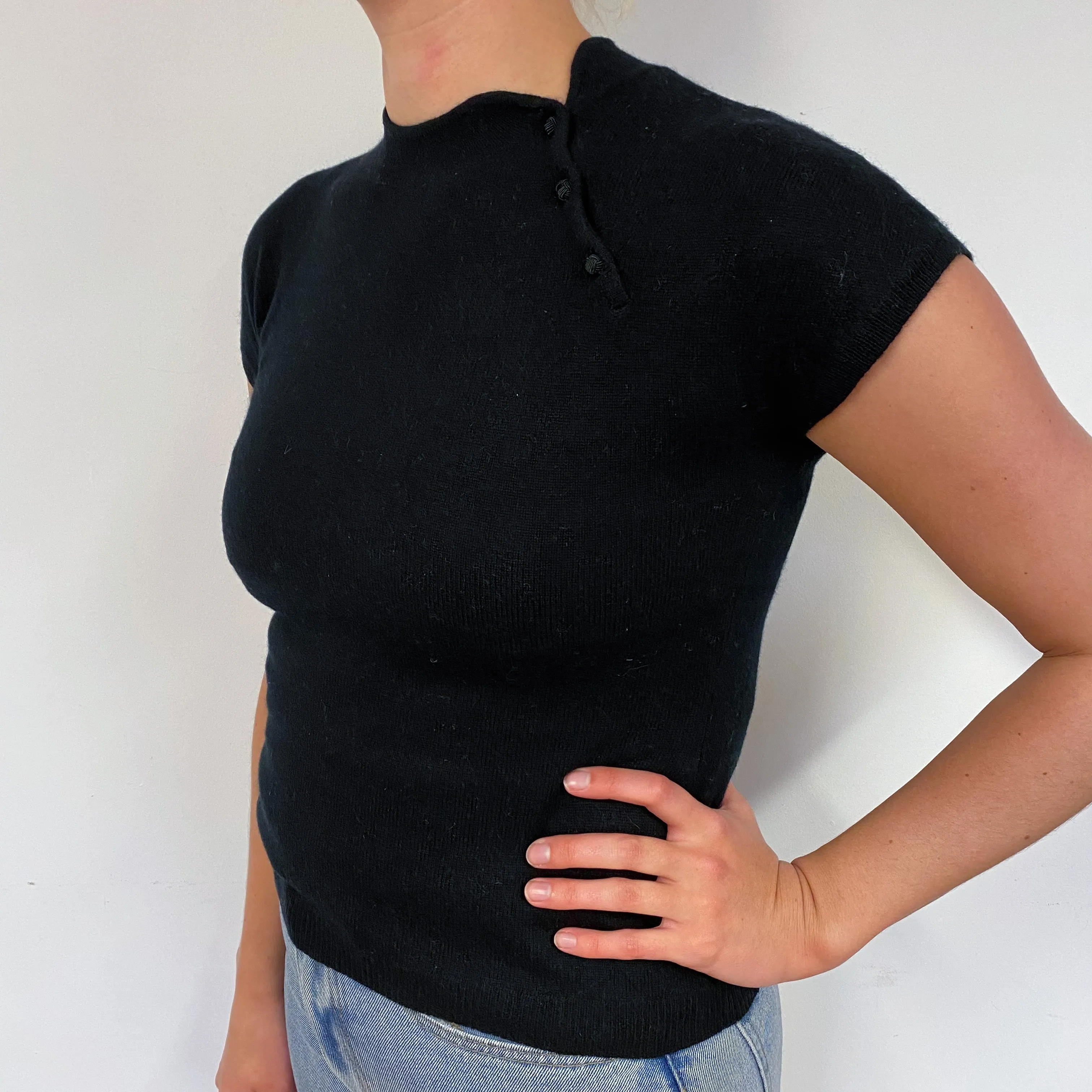 Black Buttoned Cashmere Short Sleeved Jumper Small