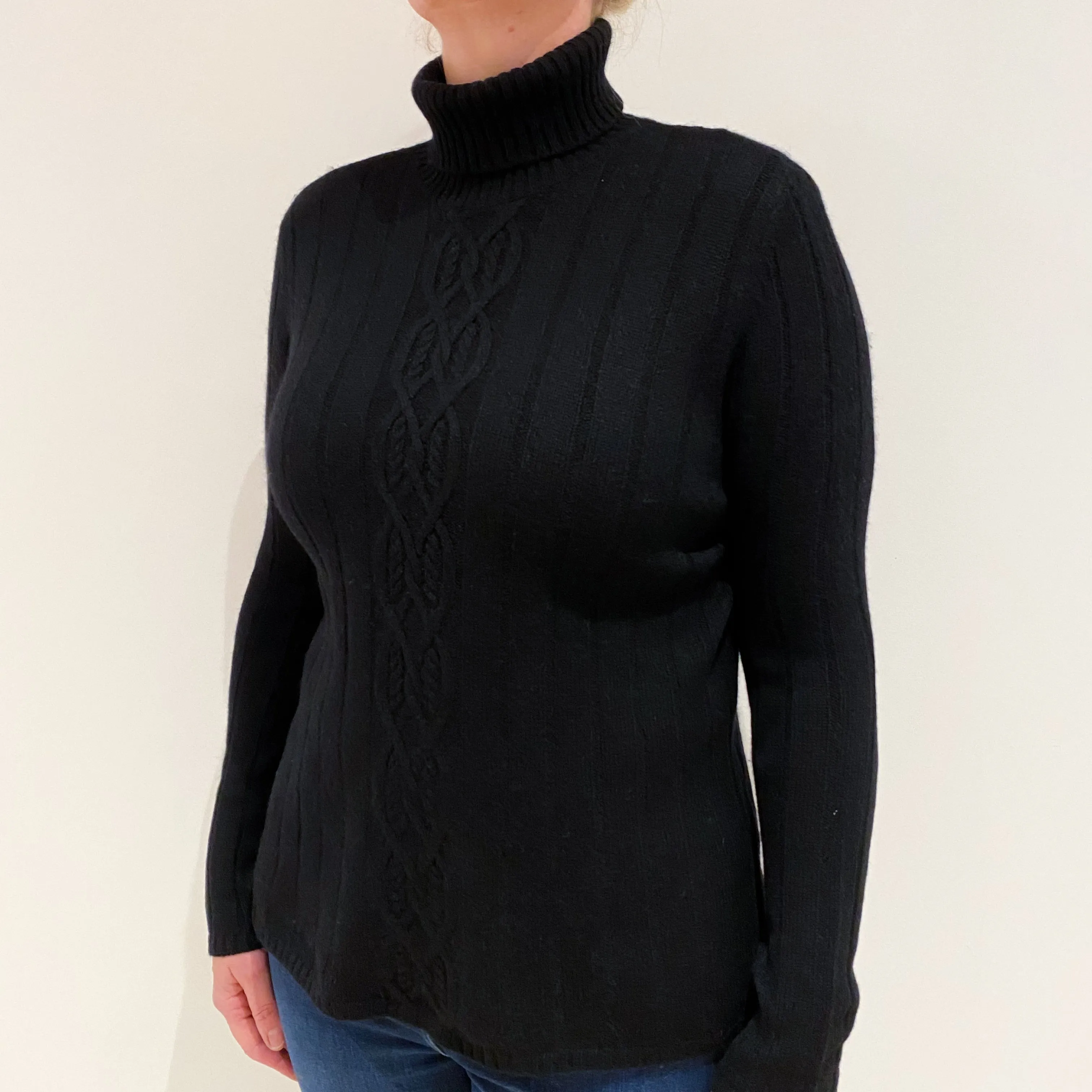 Black Cable Front Cashmere Polo Neck Jumper Large