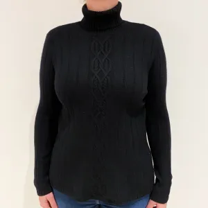 Black Cable Front Cashmere Polo Neck Jumper Large