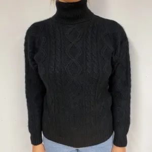 Black Chunky Cable Cashmere Polo Neck Jumper Small
