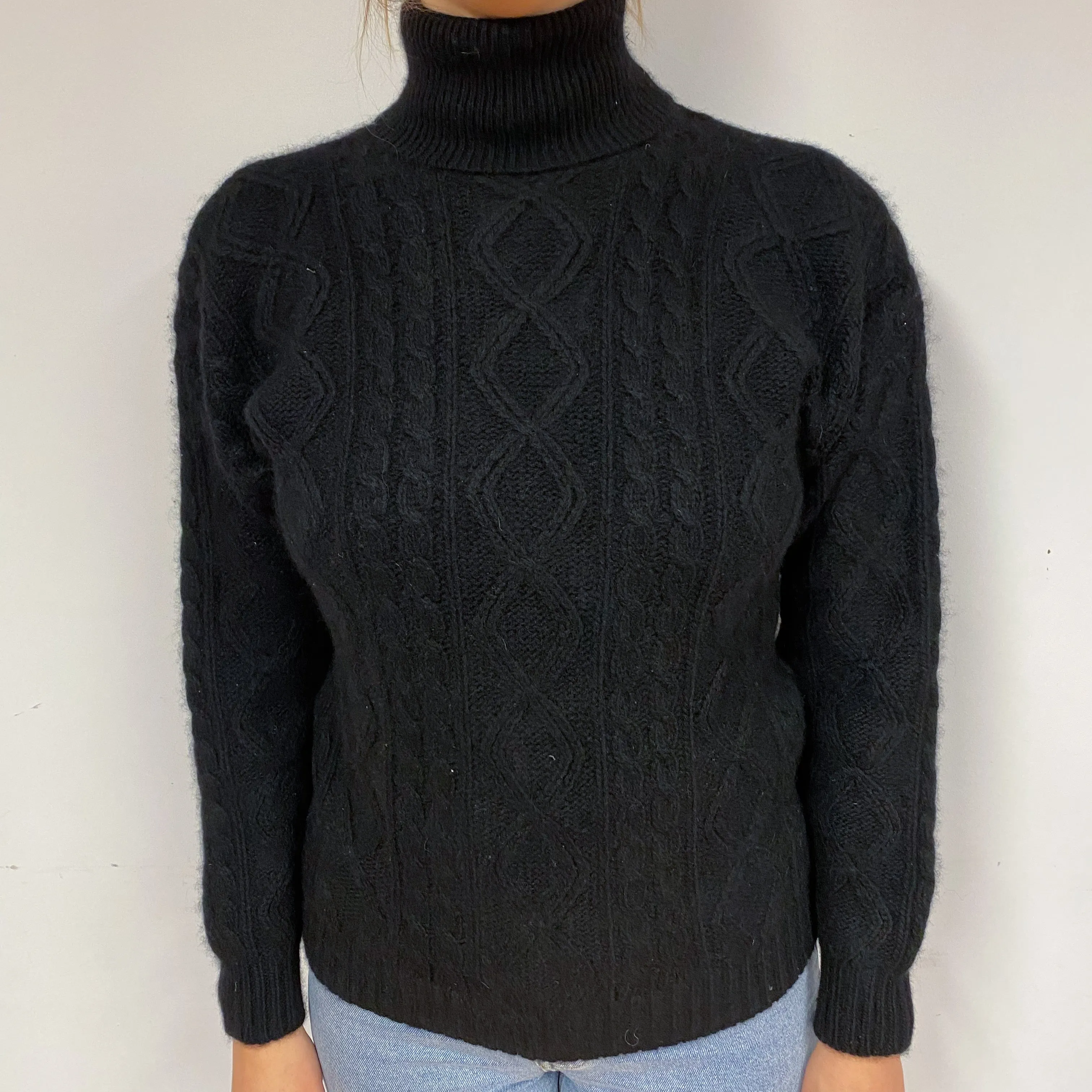 Black Chunky Cable Cashmere Polo Neck Jumper Small