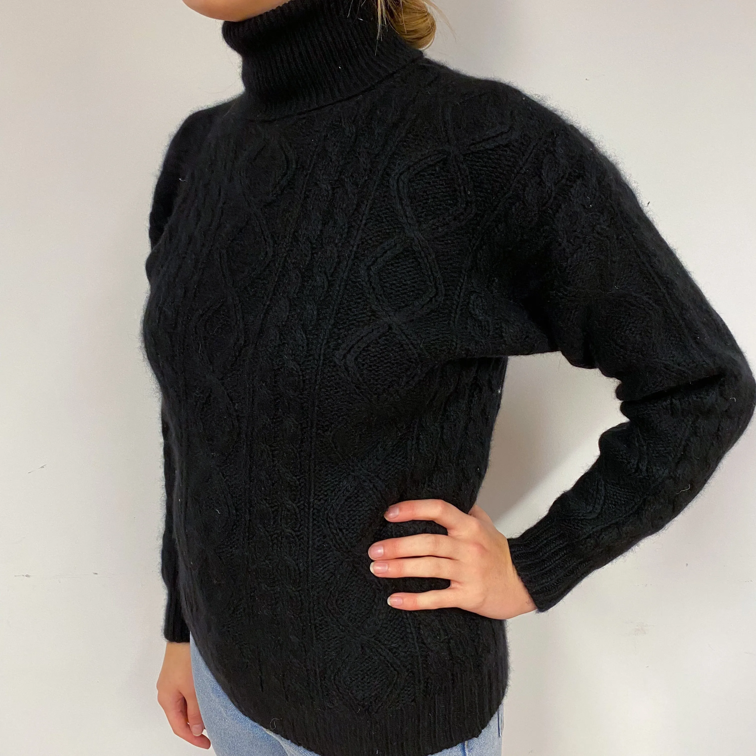 Black Chunky Cable Cashmere Polo Neck Jumper Small