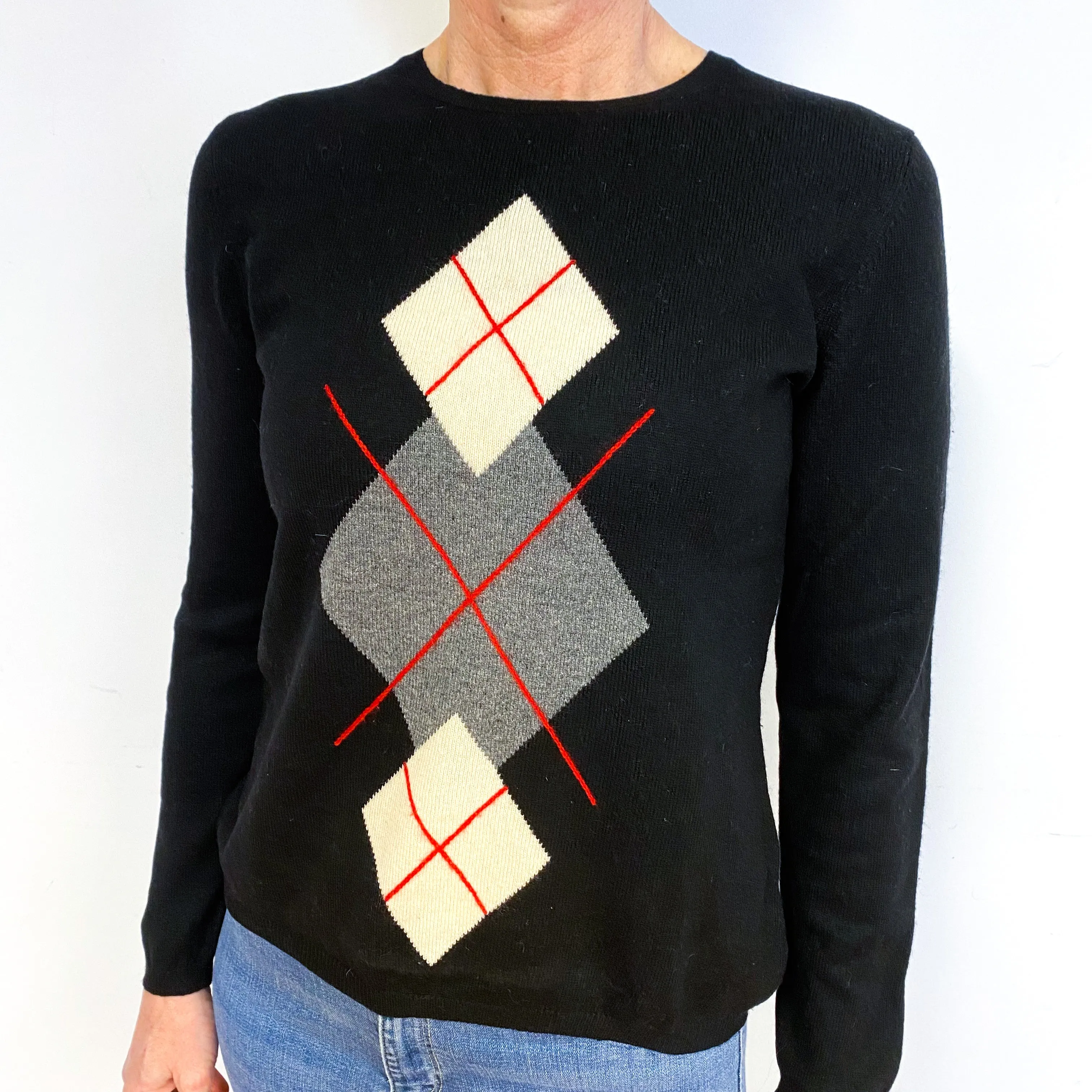 Black Cream Diamond Cashmere Crew Neck Jumper Medium