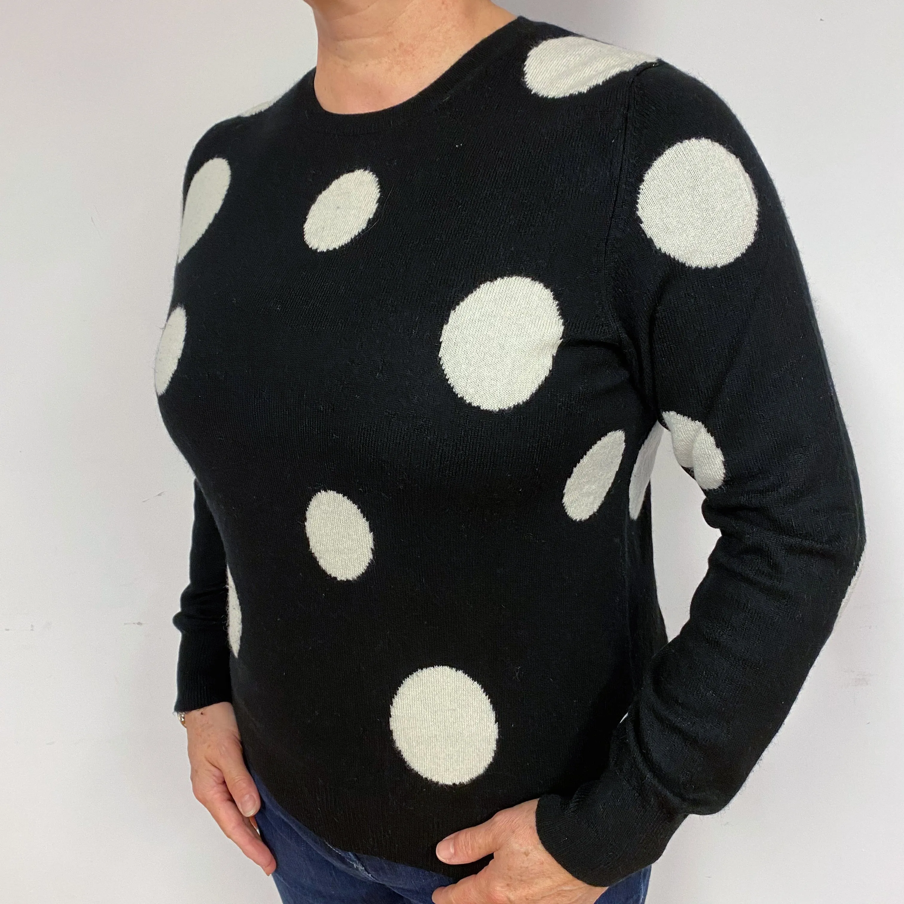 Black Cream Spot Cashmere Crew Neck Jumper Large