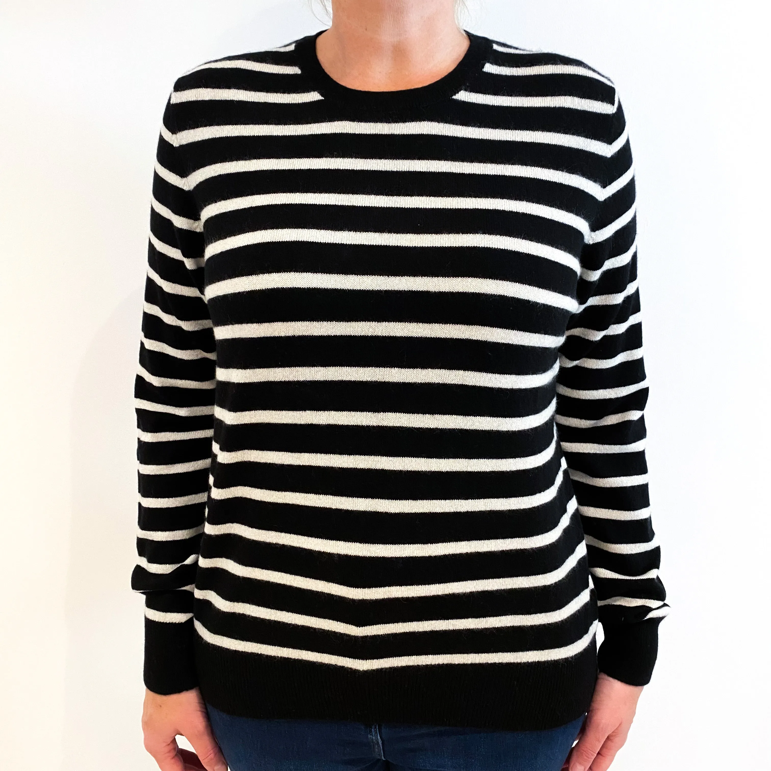 Black Cream Striped Cashmere Crew Neck Jumper Larhe