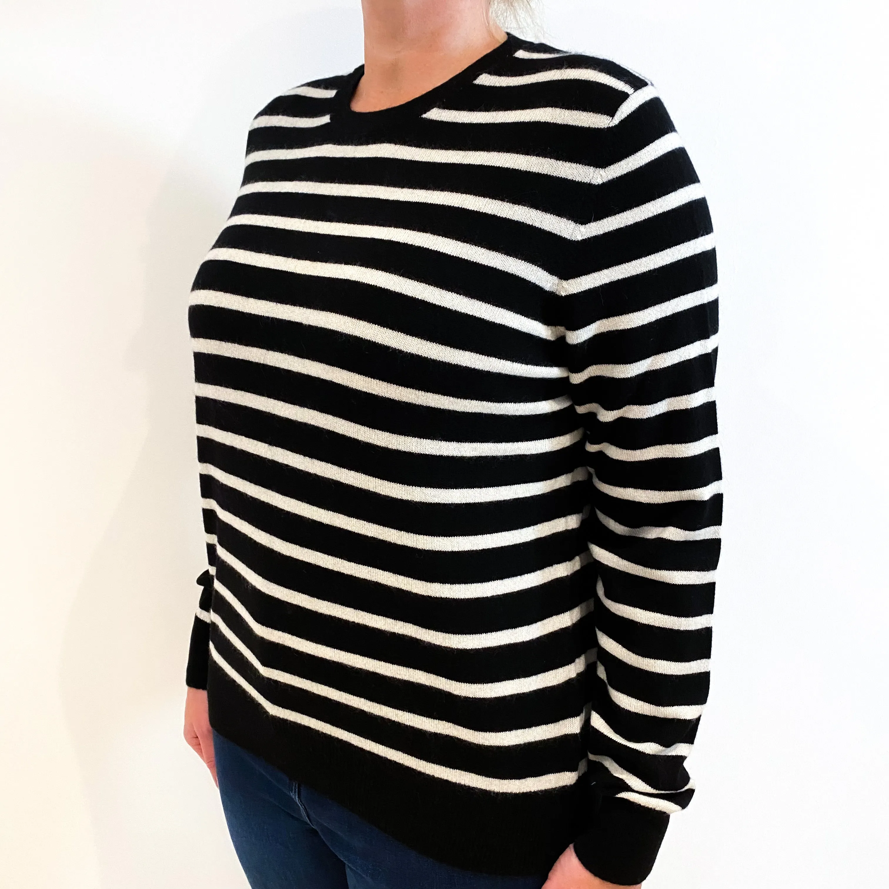 Black Cream Striped Cashmere Crew Neck Jumper Larhe