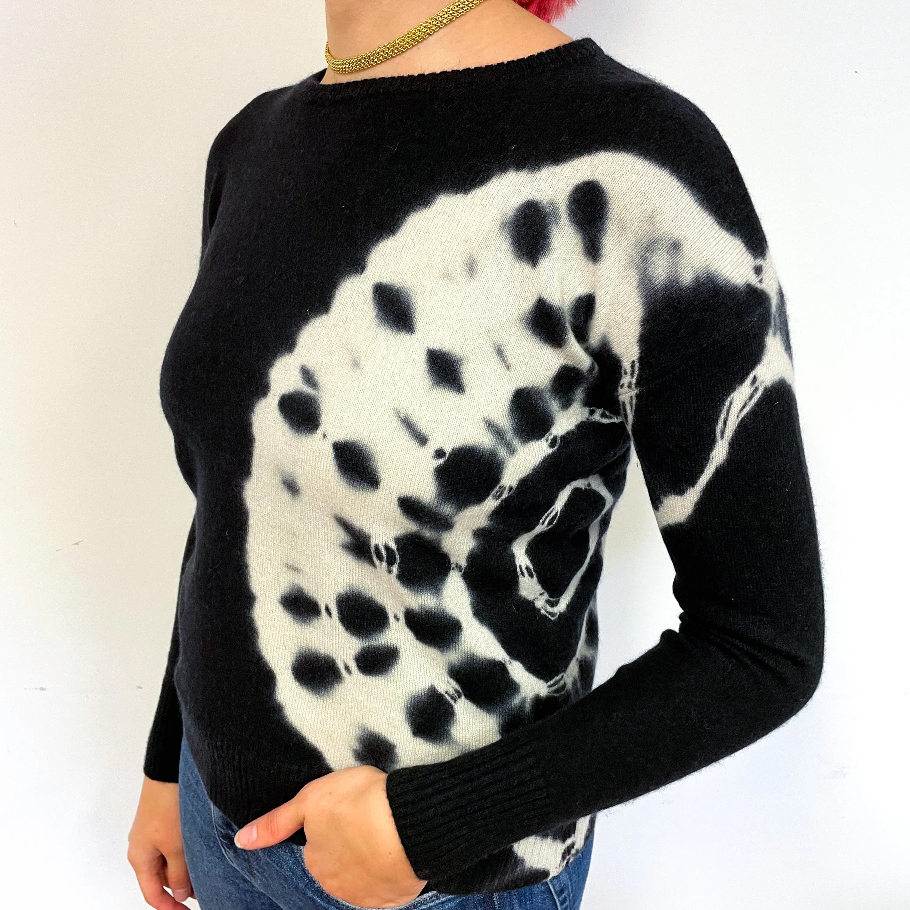 Black Cream Tie Dye Cashmere Crew Neck Jumper Small