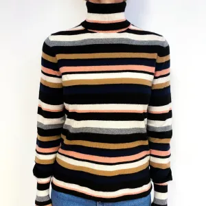 Black, Cream, Toffee Brown And Pink Striped Cashmere Polo Neck Jumper Medium