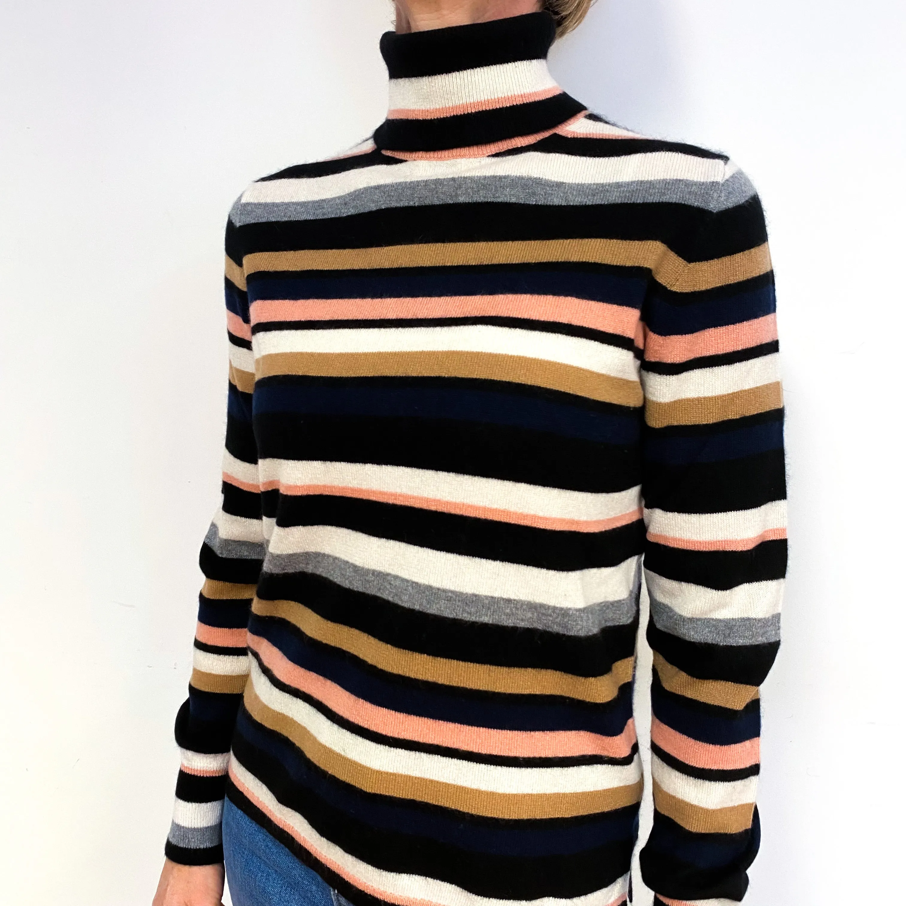 Black, Cream, Toffee Brown And Pink Striped Cashmere Polo Neck Jumper Medium