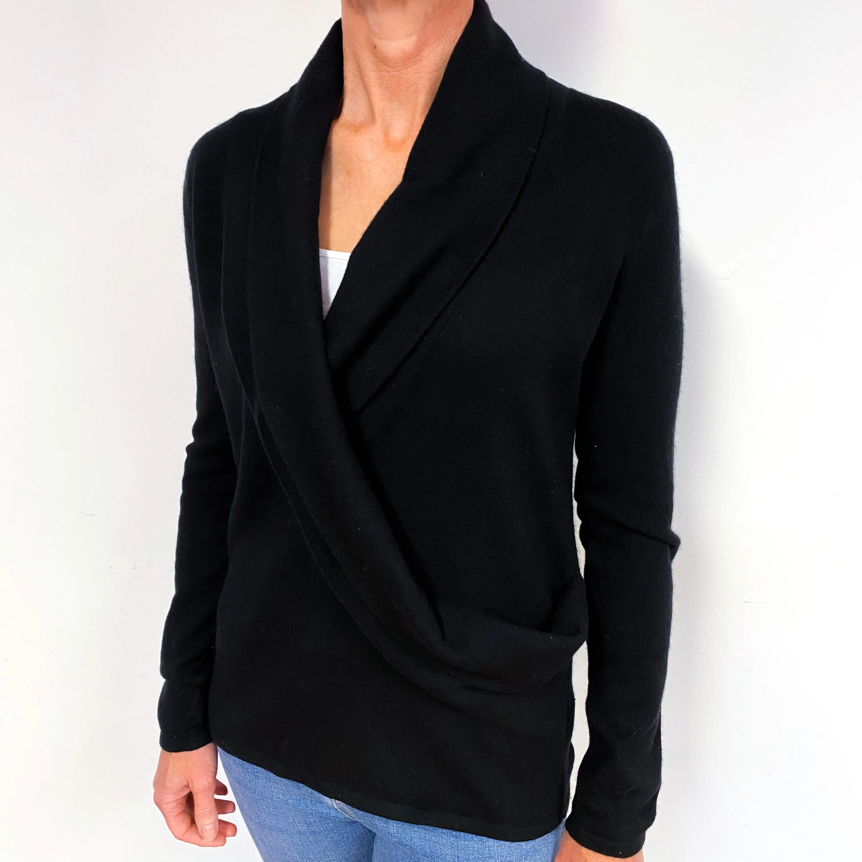 Black Cross Over Cashmere Collared V-Neck Jumper Medium