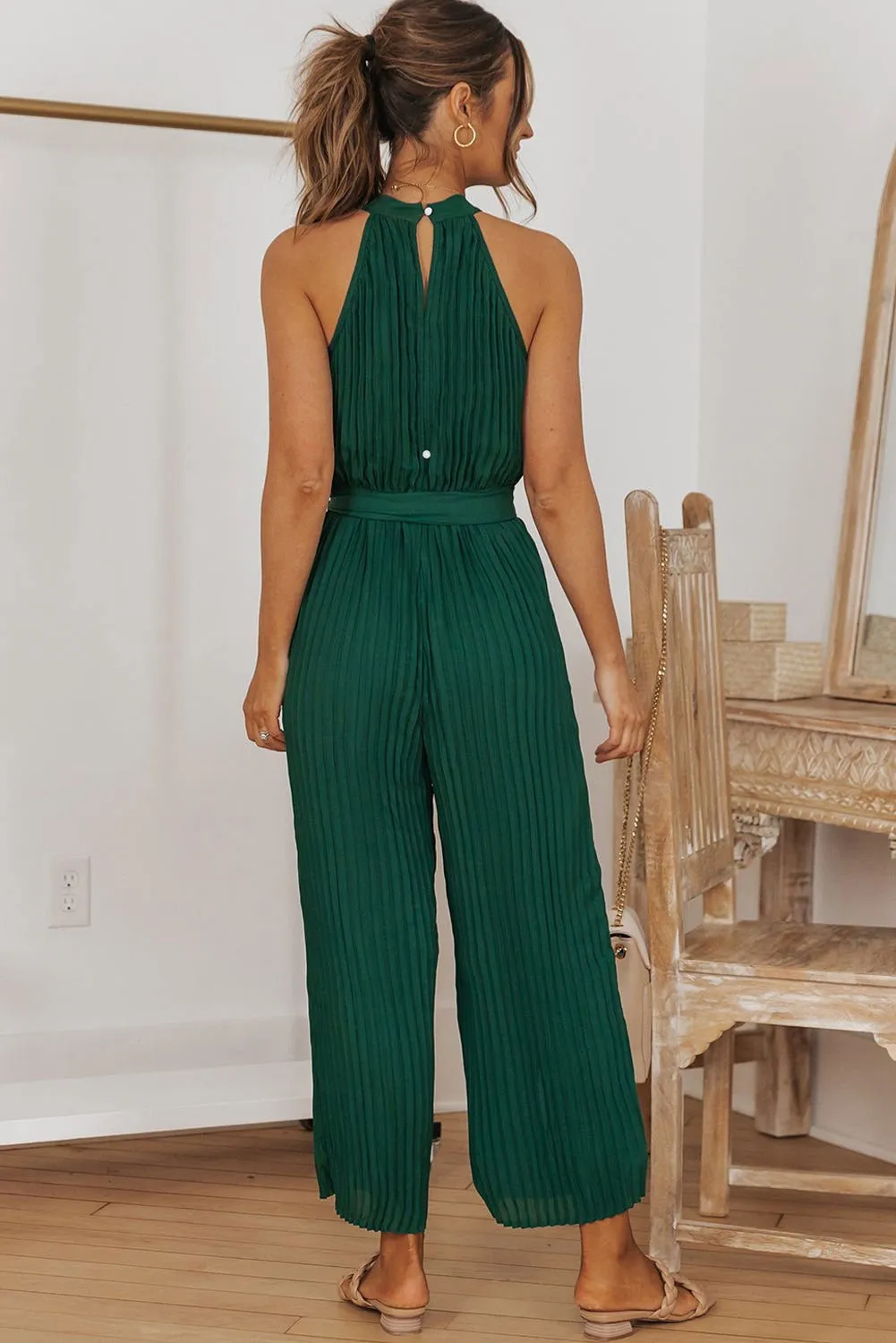 Black Elegant Halter Neck Belted Pleated Wide Leg Jumpsuit