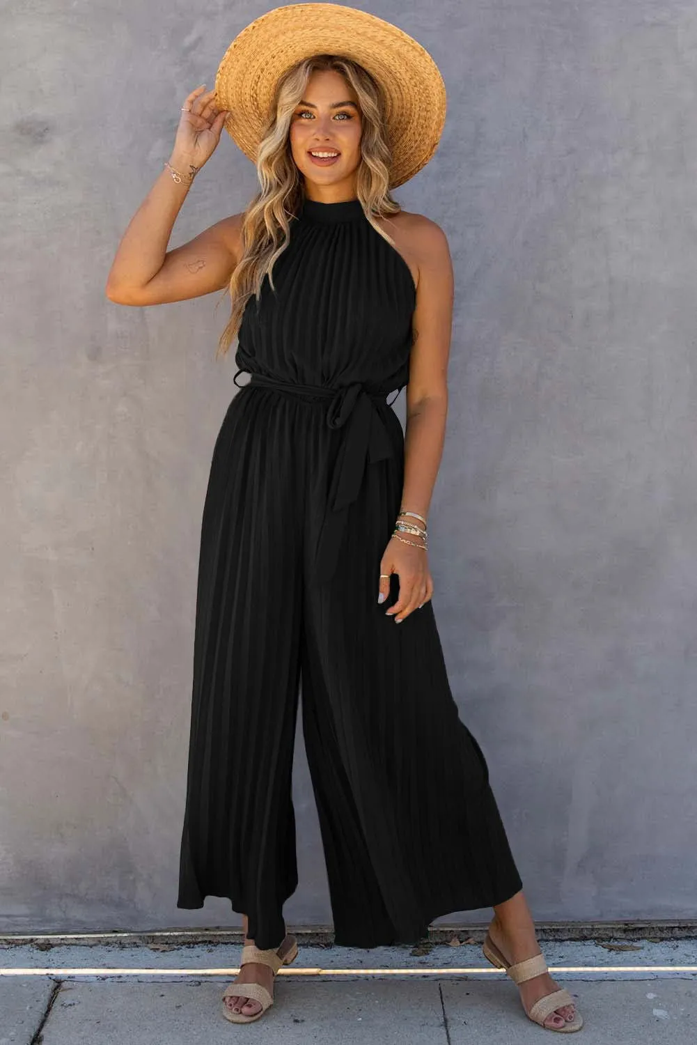 Black Elegant Halter Neck Belted Pleated Wide Leg Jumpsuit