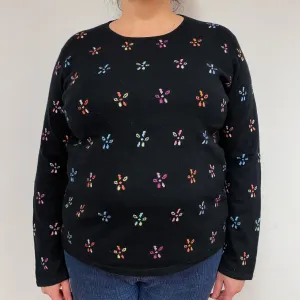 Black Floral Cashmere Crew Neck Jumper Extra Large
